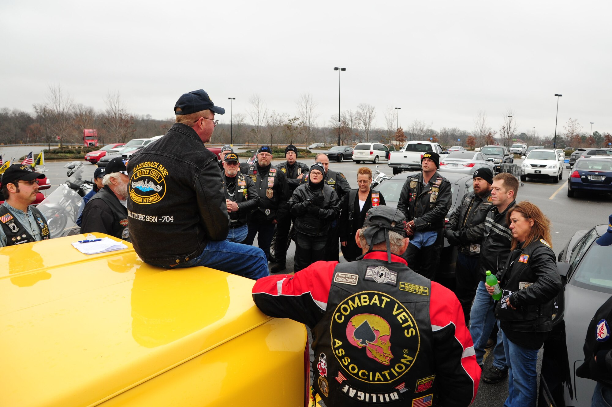 Patriot Guard Riders receive a safety briefing before riding to the Arkansas State Veterans Cemetery in North Little Rock, Ark., Dec. 15, 2012. One of the duties of the Patriot Guard Riders is to ride in honor of fallen service members. ) (U.S. Air Force photo by Airman 1st Class Kaylee Clark)