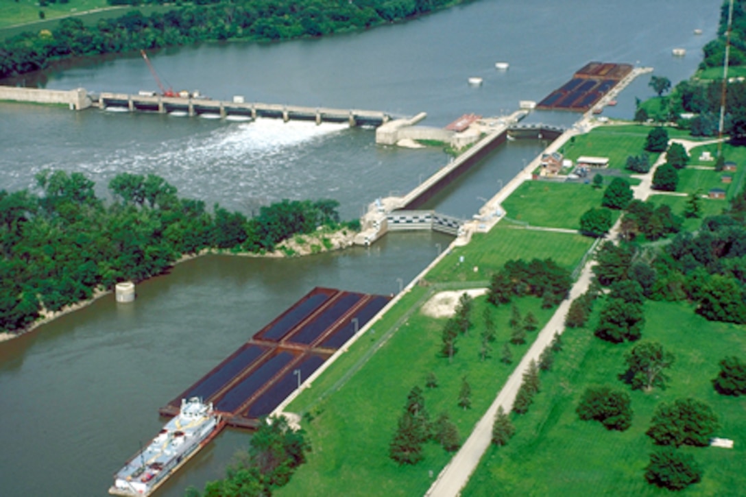 Dresden Island Lock and Dam is located near Morris, Illinois, 271.5 miles above the confluence of the Illinois River with the Mississippi River. The lock opened in 1933 and was one of five designed and partially constructed by the state of Illinois over a period from 1928 to 1930.