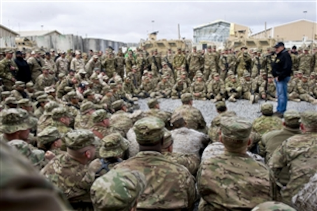 U.S. Defense Secretary Leon E. Panetta speaks to troops during a visit to Regional Command South in Kandahar, Afghanistan, Dec. 13, 2012. 