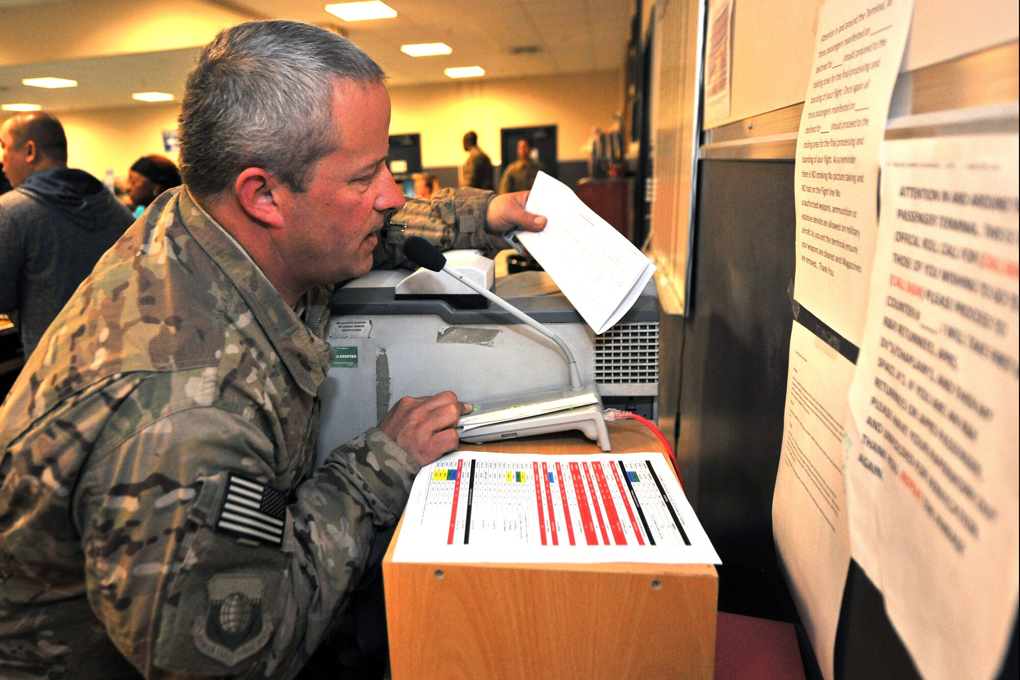 Staff Sgt.  Douglas Smith, 455th Expeditionary Aerial Port Squadron passenger services agent, announces flight time changes to servicemembers in the passenger terminal at Bagram Airfield, Afghanistan, Dec. 29, 2012.  The 455th EAPS moves the highest number of passengers in the Department of Defense, with 1,200 passing through its doors on an average day. (U.S. Air Force photo/Senior Airman Chris Willis)