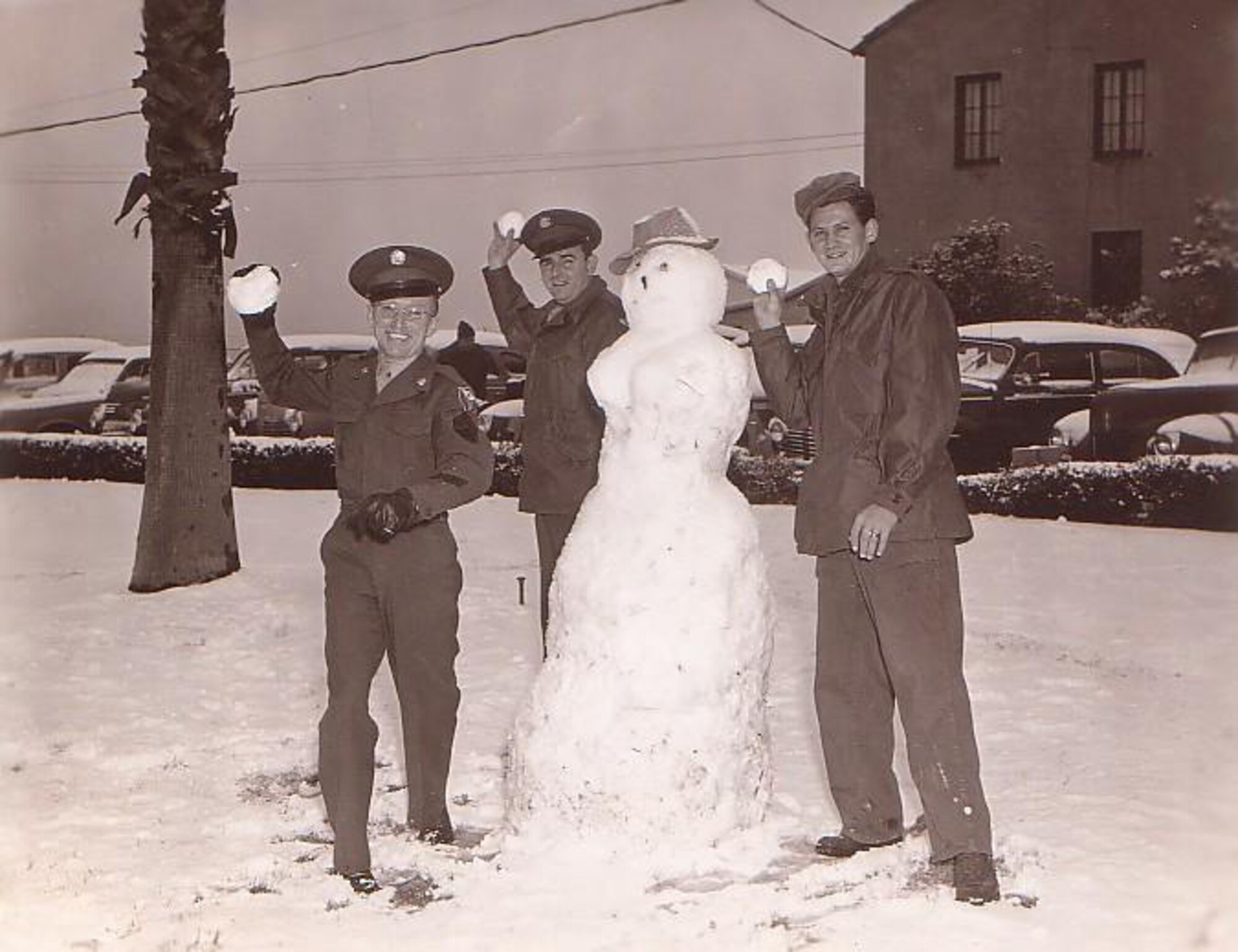 March Field - 1949
Servicemen at March Field playing in the snow after a rare snow storm in 1949. 
(Photo courtesy to U.S. Air Force)