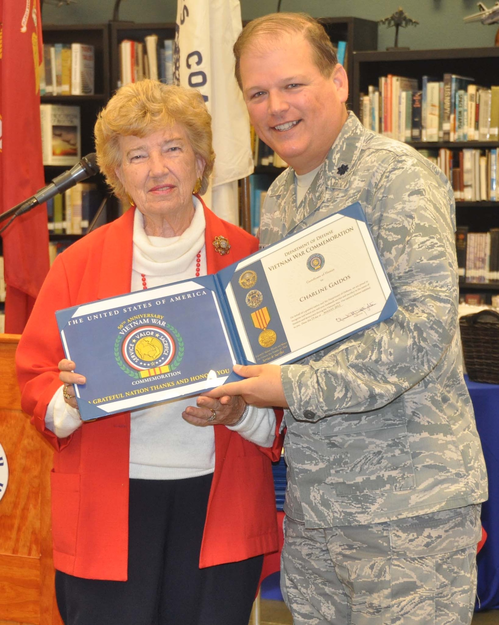 Lt. Col. Don Traud, Director of Public Affairs for March Air Reserve Base, represented the Department of Defense as it recognized the sacrifices of the Vietnam War widows and their husbands at the March Field Air Museum last month. (U.S. Air Force photo by Megan Crusher)