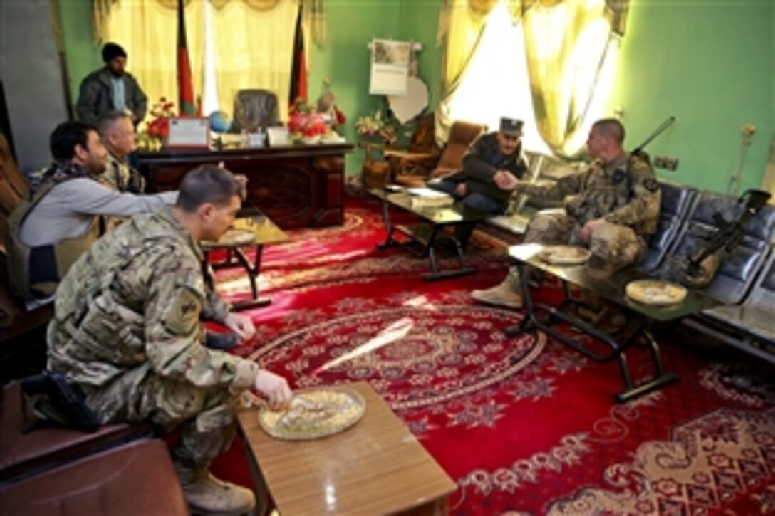 U.S. Army Sgt. William Russell, right, shakes hands with Afghan Col. Abdul Qayoom, Farah City prison commander, during a meeting with key leaders at the prison in Afghanistan, Dec. 29, 2012. Russell is a security force team member for Provincial Reconstruction Team Farah, which trains, advises and assists Afghan government leaders at the municipal, district and provincial levels in the province.  