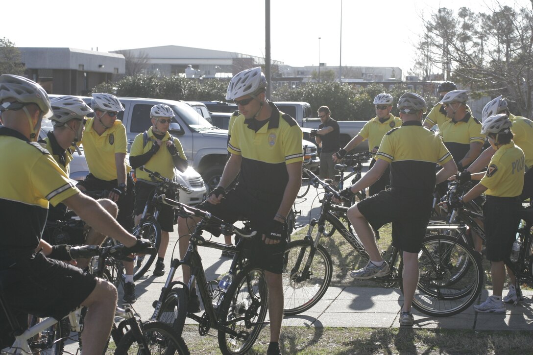 Marine Corps Air Station Cherry Point held its first official tactical bike patrol course Jan. 30 through Feb. 3 at the Training and Education building on the air station. The members of the class prepared for a long bike ride at the end of the course.