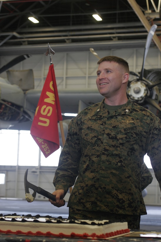 Lieutenant Colonel Charles J. Moses cuts the cake during Marine Aerial Refueler Transport Squadron 252’s 50th anniversary celebration in their hangar Feb. 1, aboard Marine Corps Air Station Cherry Point, N.C.