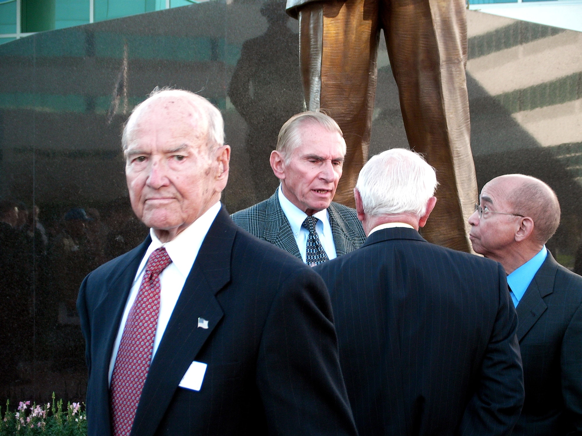 Retired Maj. Gen. Ben Funk attends the ceremony dedicating a statue of Gen. Bernard Schriever in SMC’s Schriever Space Complex Courtyard in 2007. (Photo courtesy of SMC History Office)