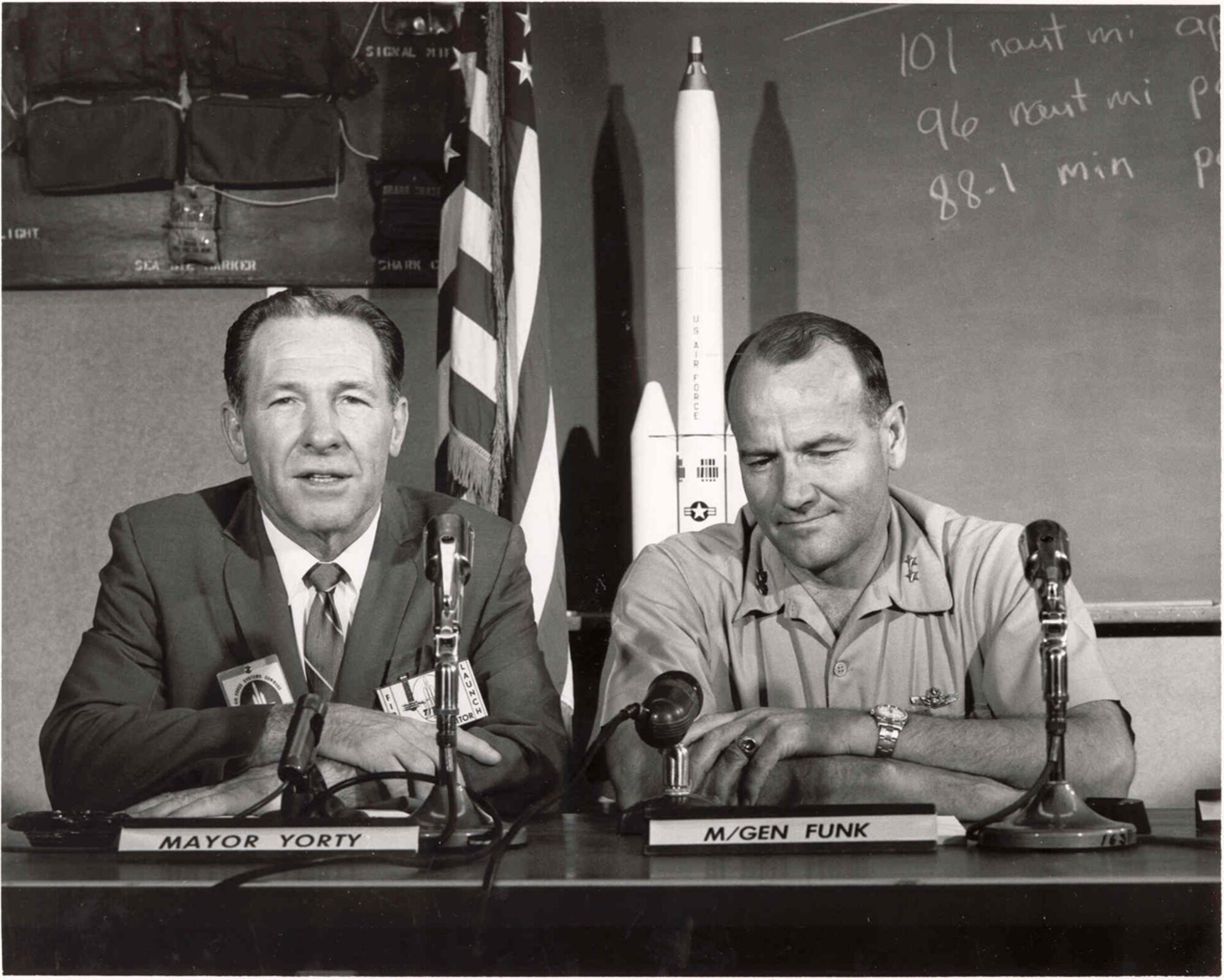 Former Los Angeles Mayor Sam Yorty and Maj. Gen. Ben Funk attend a Titan III launch in 1965. (Photo courtesy of SMC History Office)