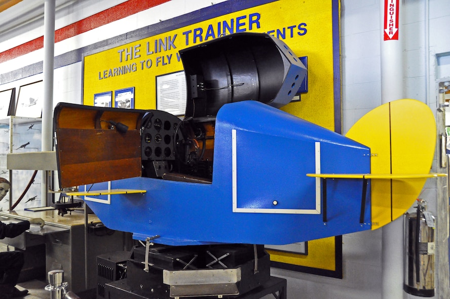 The link trainer, shown on display at the Jimmy Doolittle Air and Space Museum on Travis Air Force Base, Calif., on Jan. 31, 2012, was the first system used by the Air Force for flight simulation and pilot training. (U.S. Air Force photo/Airman 1st Class Madelyn Ottem) 