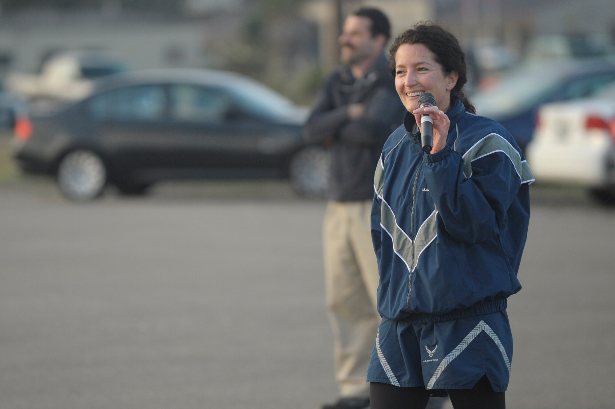 VANDENBERG AIR FORCE BASE, Calif. -- Col. Nina Armagno, 30th Space Wing commander, speaks to the wing during her first wing run as the wing commander at the parade grounds Tuesday, Jan. 31, 2012. Armango spoke about the importance of fitness and being a wingman. (U.S. Air Force photo/Staff Sgt. Andrew Satran) 

    