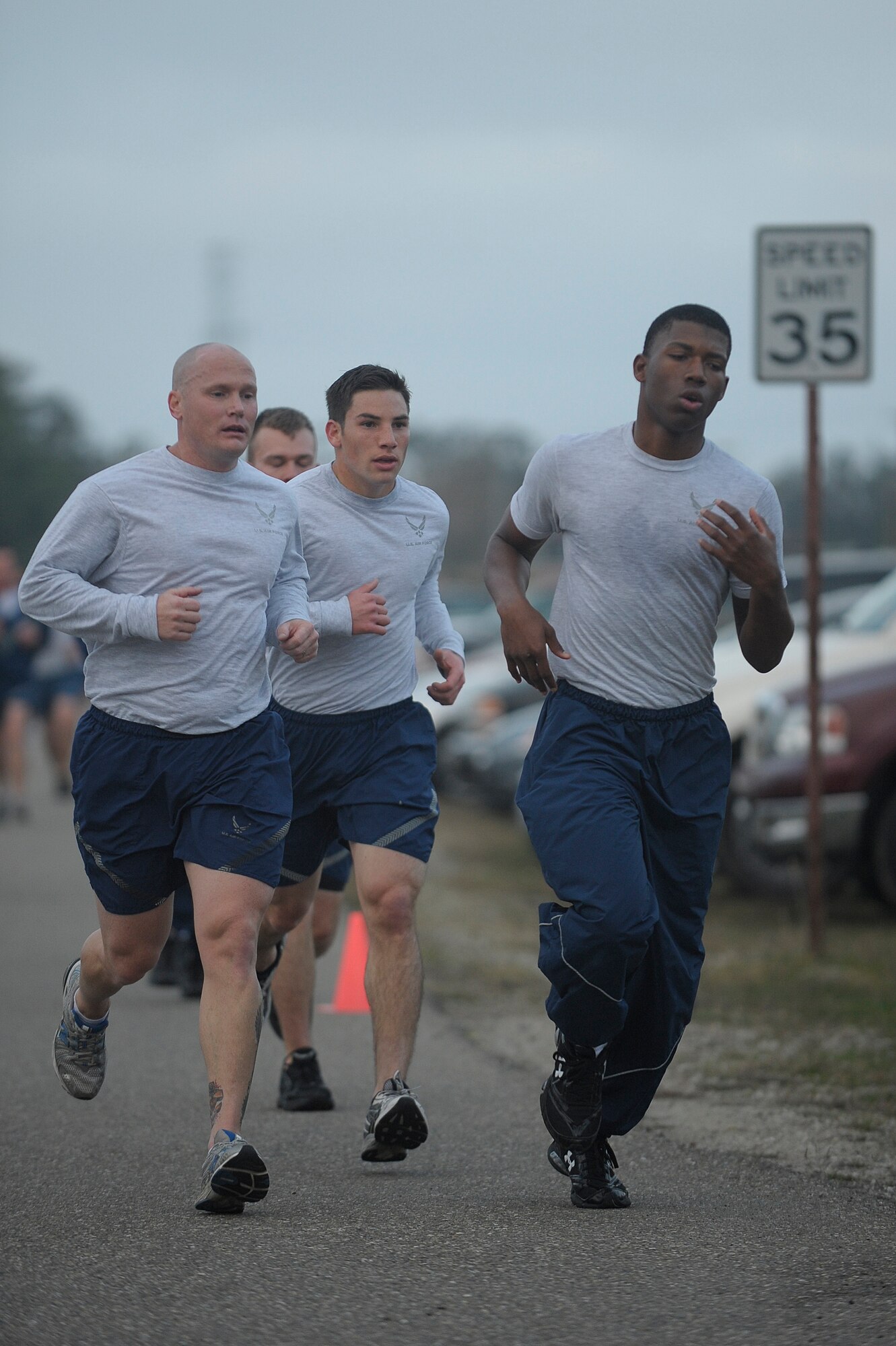 VANDENBERG AIR FORCE BASE, Calif. -- Approaching the finish line, members of the 30th Space Wing run the last stretch of the monthly Wing Run at the base parade grounds here Tuesday, Jan. 31, 2012. This was the first wing run for the wing's new commander, Col. Nina Armagno. (U.S. Air Force photo/Staff Sgt. Andrew Satran) 

   