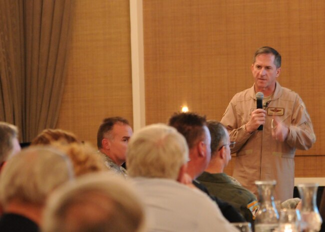 U.S. Air Forces Central Command commander Lt. Gen. David Goldfein briefs members of the Beale Military Liaison Committee Jan. 26, 2012, at the Peach Tree Country Club in Marysville, Calif. Although Goldfein's visit to the area was centered around MC-12W training, he took the time to brief the group on the current in theater Air Force statistics and operations. (U.S. Air Force photo by Airman 1st Class Stephanie Lovito/Released)