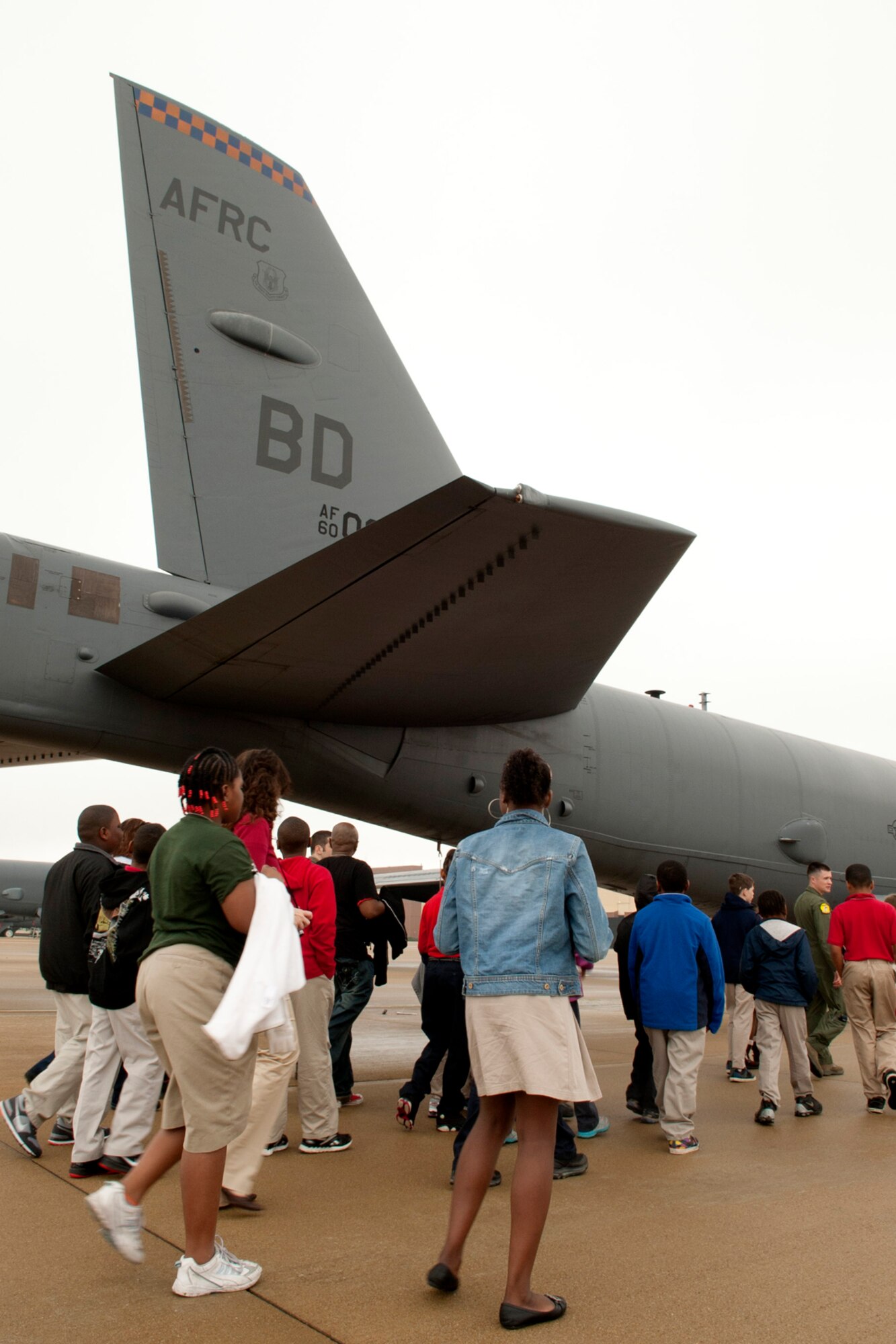 STARBASE students get a tour of a 307th Bomb Wing B-52 Stratofortress, Barksdale Air Force Base, La., Feb. 1, 2012. STARBASE is a premiere educational program sponsored by the Office of the Assistant Secretary of Defense for Reserve Affairs. (U.S. Air Force photo by Master Sgt. Greg Steele/Released)