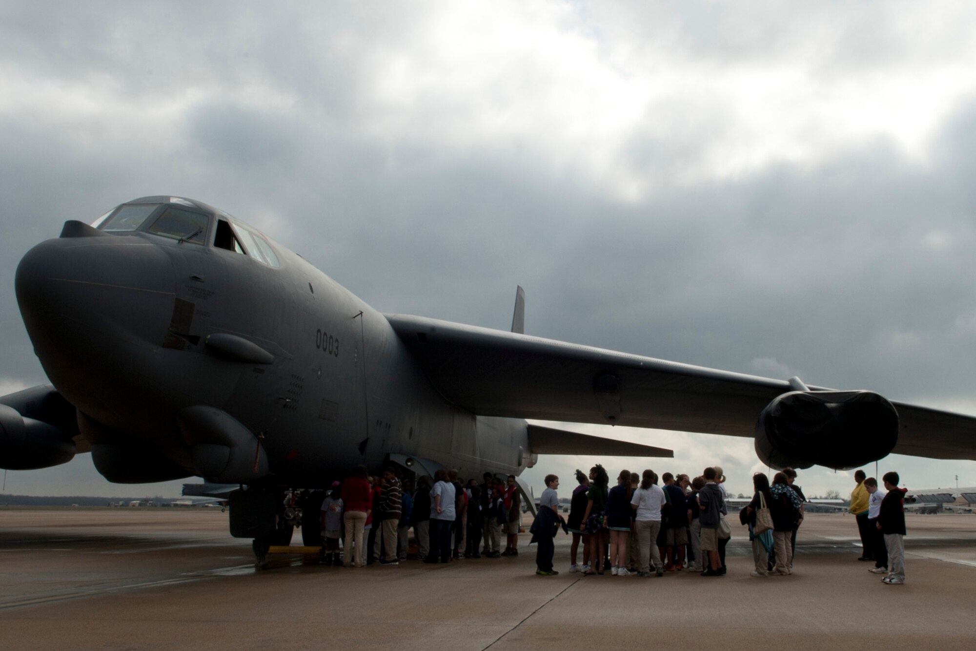 STARBASE students and teachers get a tour of a 93rd Bomb Squadron B-52H Stratofortress, Barksdale Air Force Base, La., Feb. 1, 2012. Department of Defense STARBASE students participate in challenging "hands-on, mind-on" activities in Science, Technology, Engineering and Math (STEM) and interact with military personnel to explore careers and observe STEM applications in the "real world". (U.S. Air Force photo by Master Sgt. Greg Steele/Released)