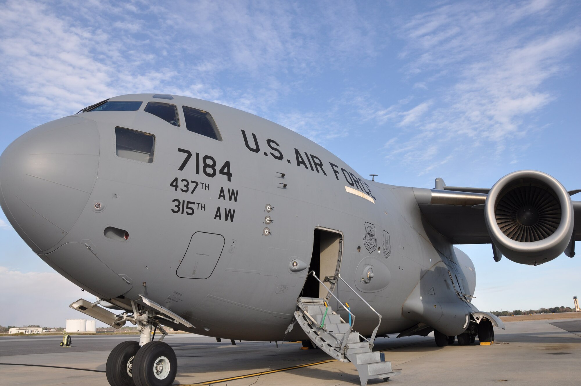 A C-17 Globemaster III aircraft is parked on the flightline awaiting its crew from the 701st Airlift Squadron at Joint Base Charleston, SC. Reservists from the 701 AS train aboard a C-17 Globemaster III aircraft during a night airdrop and air refueling mission January 31, 2012. (U.S. Air Force photo by 1st Lt. Joseph Simms)