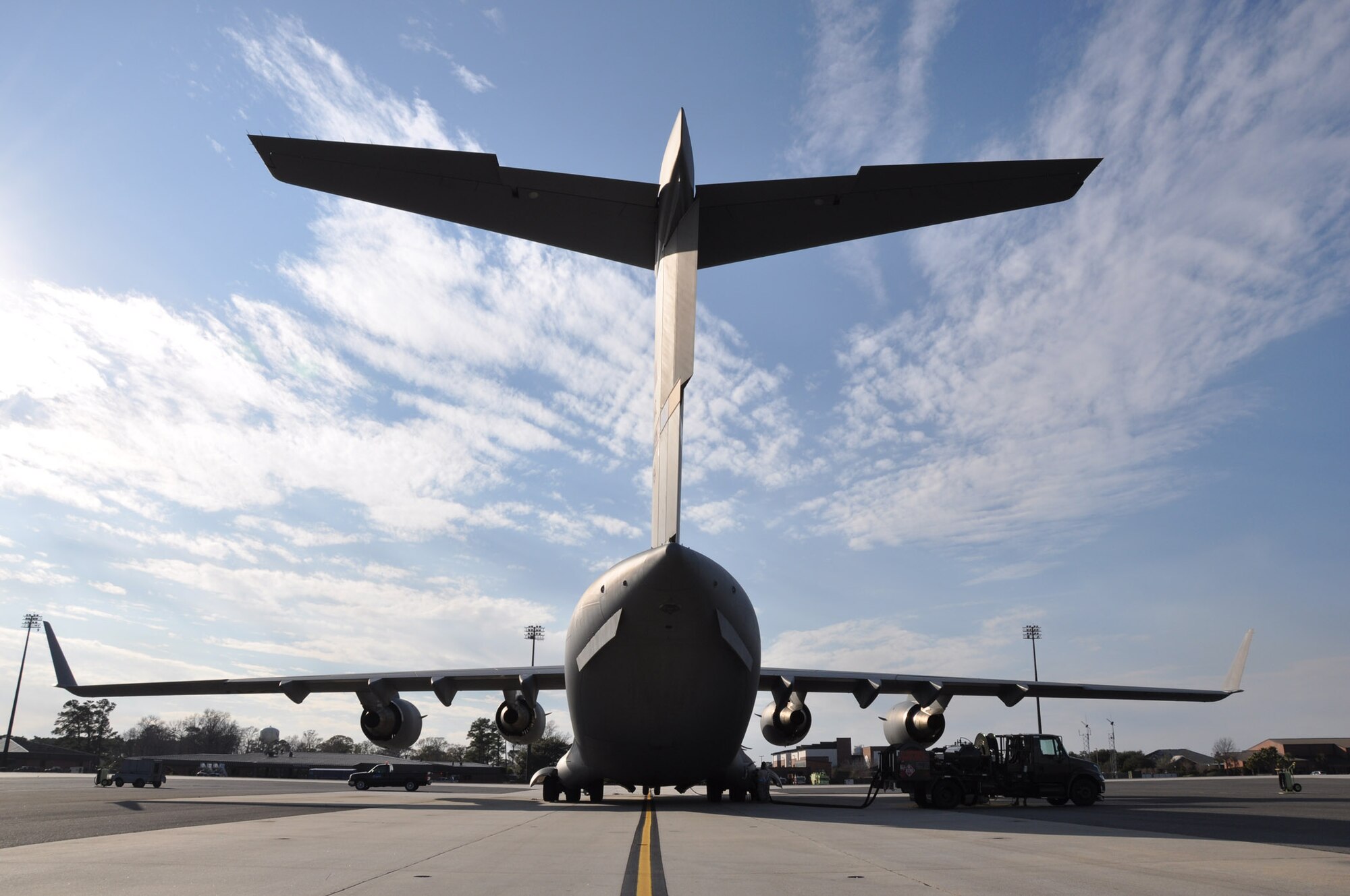 The Boeing C-17 Globemaster III aircraft rises more than five stories in height and has a wing span of 169 feet, 10 inches.  The C-17 operates with a crew of three and peforms various global humanitarian aid and tactical airlift missions. (U.S. Air Force photo by 1st Lt. Joseph Simms)