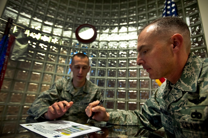 Chief Master Sgt. Larry Williams plans his upcoming appointments with Staff Sgt. Ryan Yeager. Williams is the 437th Airlift Wing command chief and Yeager is 437th AW command chief executive assistant. (U.S. Air Force photo/Airman 1st Class George Goslin)