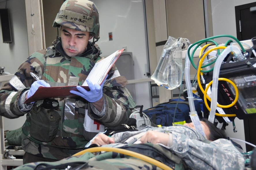 Staff Sgt. Felipe Monroy, 51st Medical Operations Squadron, fills out a patient’s medical chart after a simulated ground attack, Feb. 1, 2012, during operational readiness exercise Beverly Bulldog 12-01at Osan Air Base, Republic of Korea. (U.S. Air Force photo/Airman 1st Class Michael Battles)