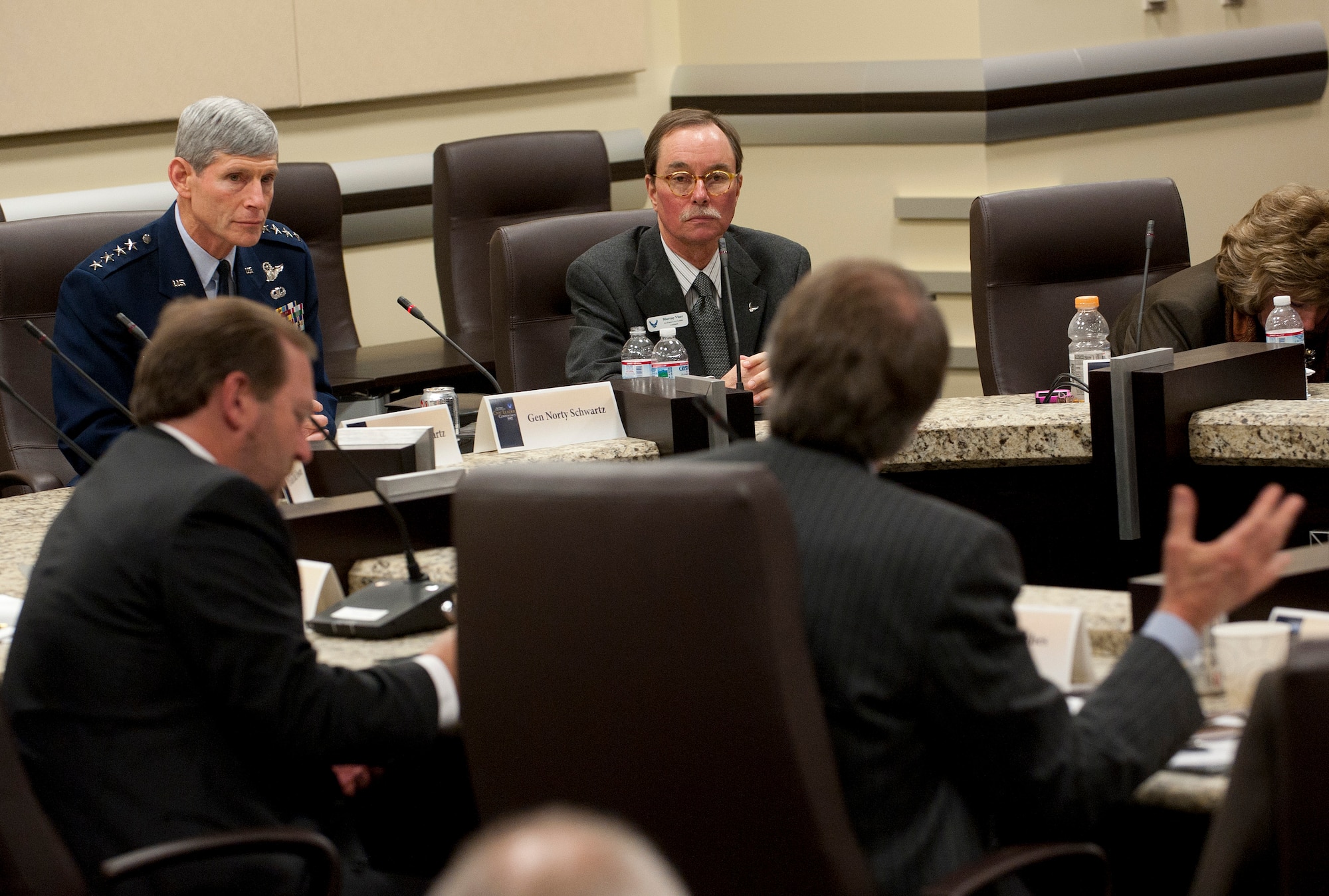 Air Force Chief of Staff Gen. Norton Schwartz (upper left) listens to questions from civic leaders representing communities from across the U.S. during a conference Jan. 31, 2012, at Joint Base Andrews, Md. Hosted by the general, the civic leaders attended briefings at the Pentagon and at JB Andrews. (U.S. Air Force photo/Jim Varhegyi)