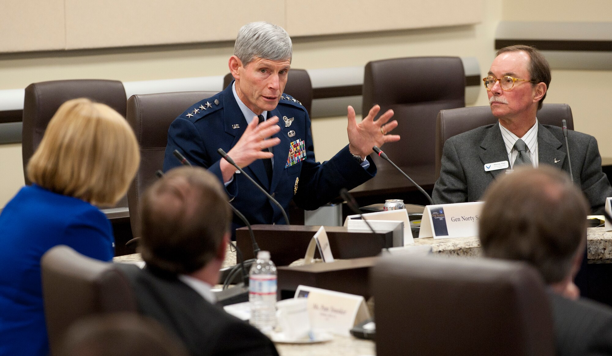 Air Force Chief of Staff Gen. Norton Schwartz (second from upper left) speaks with civic leaders representing communities from across the U.S. during a conference Jan. 31, 2012, at Joint Base Andrews, Md. The group of civic leaders will also visit Joint Base Eustis-Langley in Norfolk, Va., for a look at Air Combat Command. (U.S. Air Force photo/Jim Varhegyi)