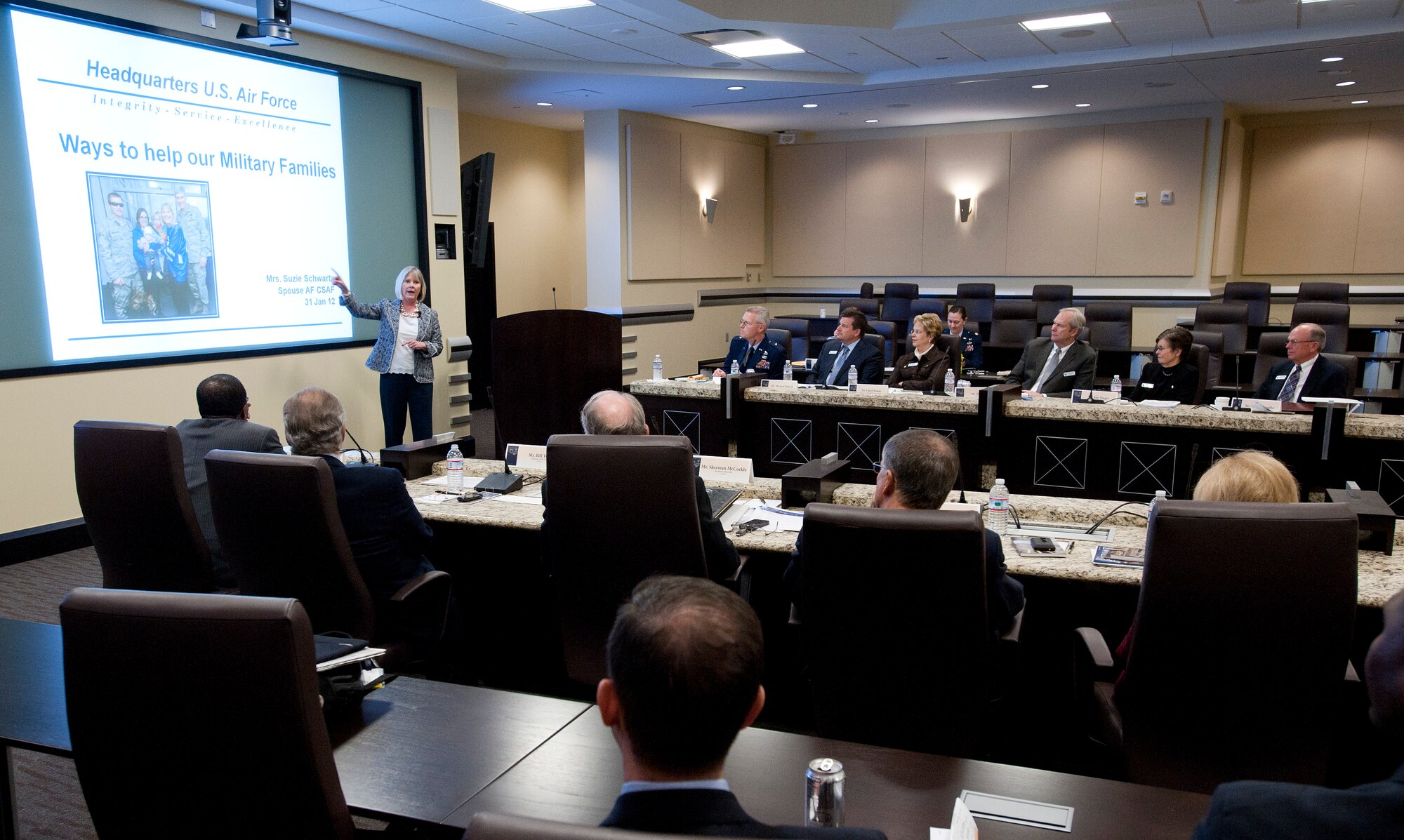 Suzie Schwartz, the wife of Air Force Chief of Staff Gen. Norton Schwartz, speaks with civic leaders during a conference Jan. 31, 2012, at Joint Base Andrews, Md. She talked to the leaders, who represent communities from across the U.S., about the ways local communities can help military families. (U.S. Air Force photo/Jim Varhegyi)