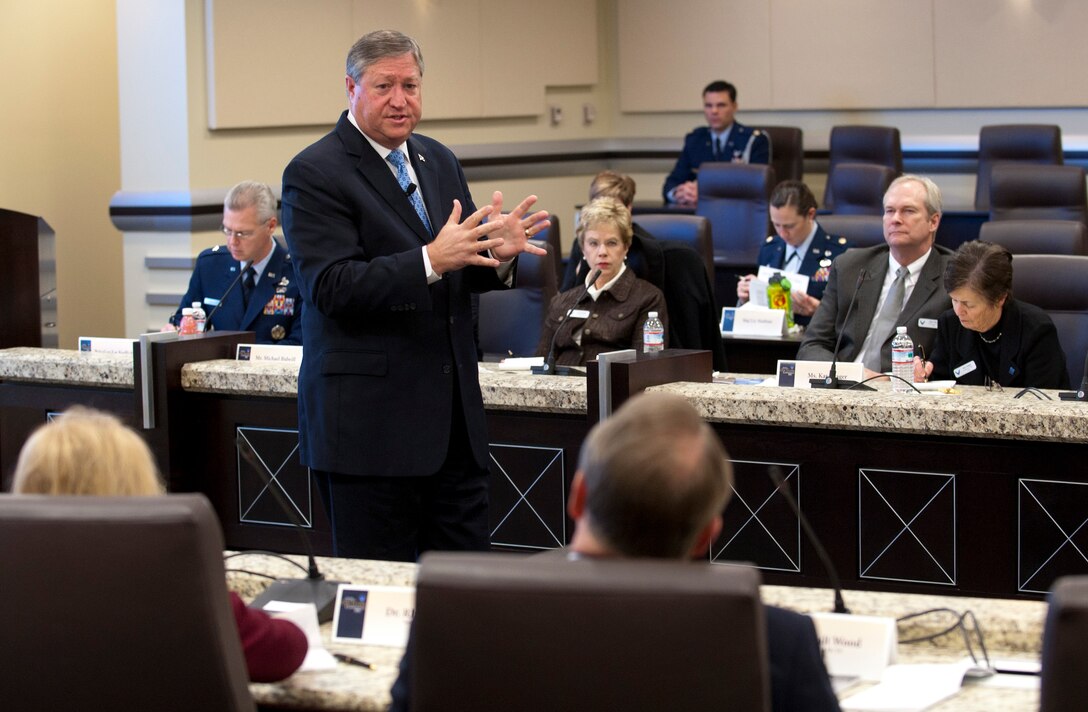Secretary of the Air Force Michael Donley (standing upper left) speaks with civic leaders representing communities from across the U.S. during a conference Jan. 31, 2012, at Joint Base Andrews, Md. Hosted by Air Force Chief of Staff Gen. Norton Schwartz, the civic leaders attended briefings at the Pentagon and at JB Andrews.  The group also will visit Joint Base Eustis-Langley in Norfolk, Va., for a look at Air Combat Command. (U.S. Air Force photo/Jim Varhegyi)