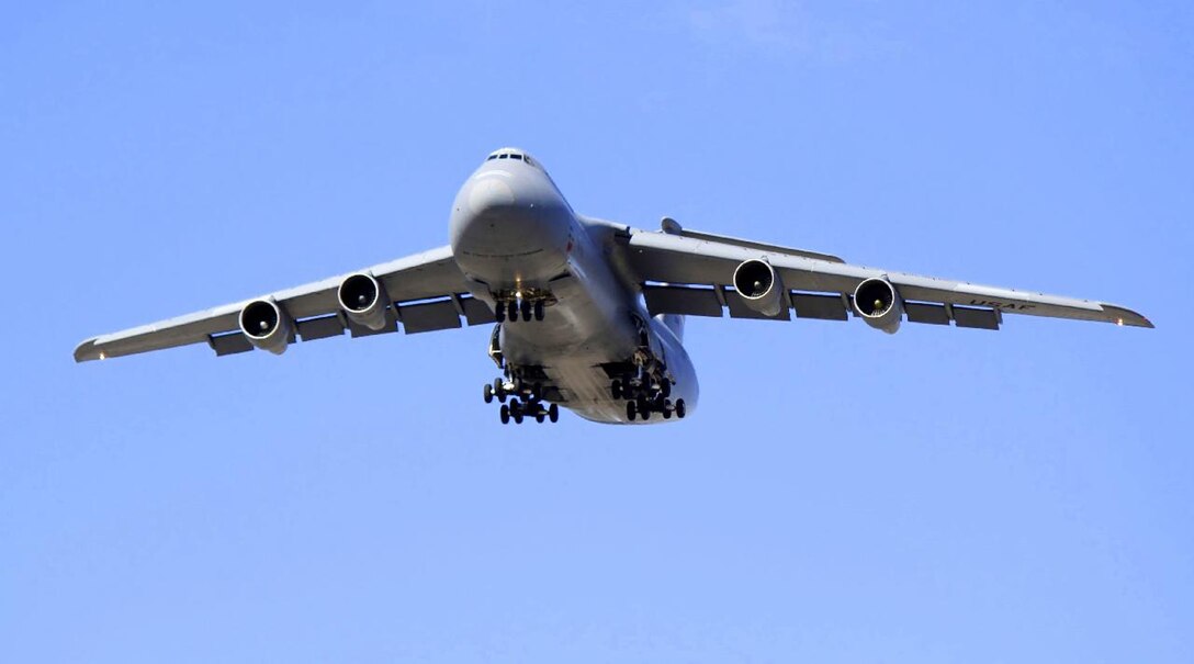 WRIGHT-PATTERSON AIR FORCE BASE, Ohio - A 445th Airlift Wing C-5 Galaxy prepares for landing at the 309th Aerospace Maintenance and Regeneration Group, also known as the "Boneyard " at Davis-Monthan Air Force Base, Tucson, Ariz., Jan. 31, 2012.This was the last of the 10 assigned 445th AW C-5s to leave the unit as the wing finishes its transition to the C-17 Globemaster III. (U.S. Air Force photo/Bill Vaughn)
