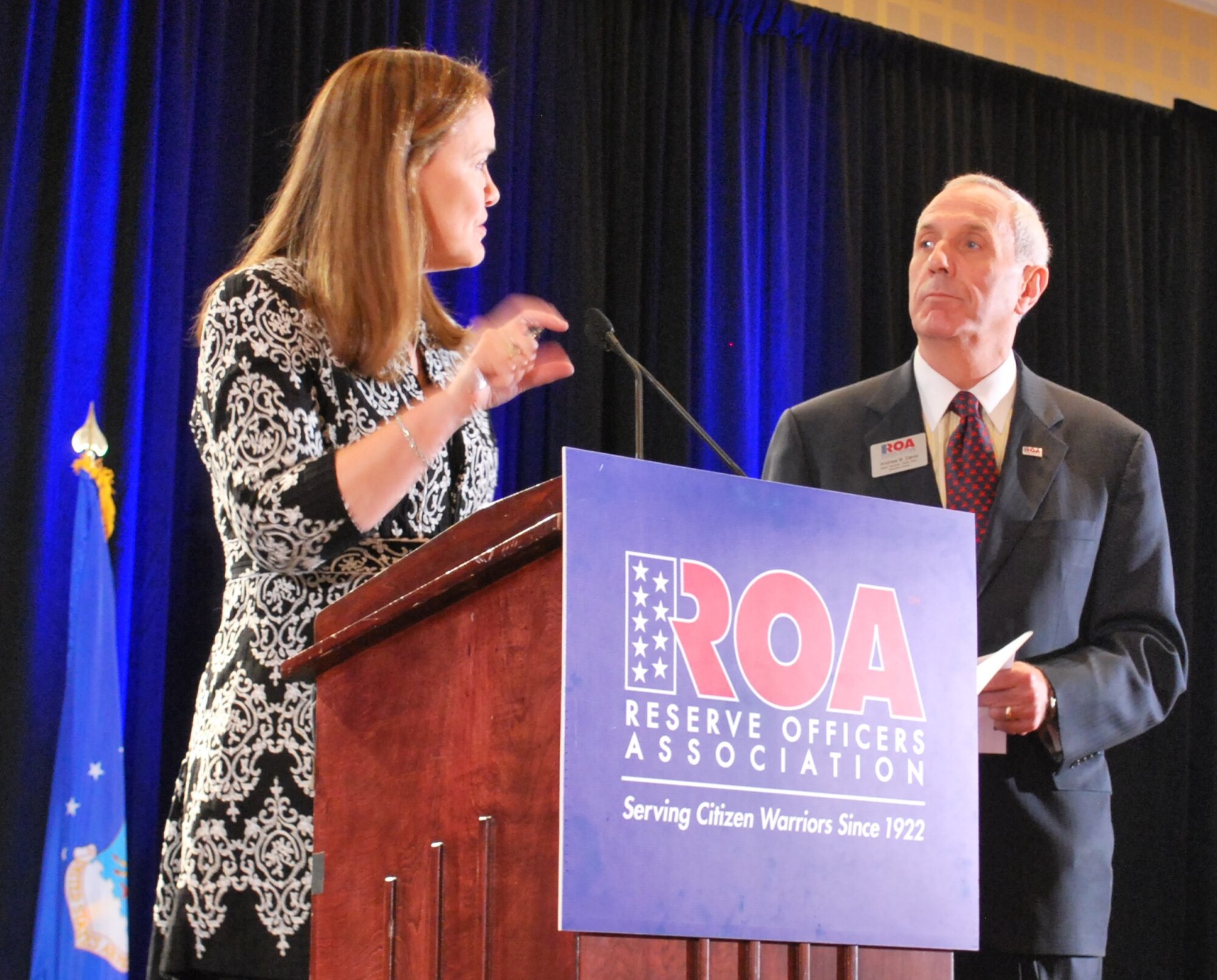 Michele Flournoy, under secretary of Defense for policy, answers questions from the audience presented by Maj. Gen. Andrew B. Davis, U.S. Marine Corps, (ret.), executive director of the Reserve Officers Association, during the National Security Seminar on Jan. 30. Flournoy was the seminar’s keynote speaker and told the crowd of more than 400 that the size of the military is driven by DOD’s strategy. She went on to say that as DOD looks for savings, everything is on the table, but the new budget must maintain the quality of the all-volunteer force and not break faith with reservists, their families and their employers. (U.S. Air Force photo/Col. Bob Thompson)