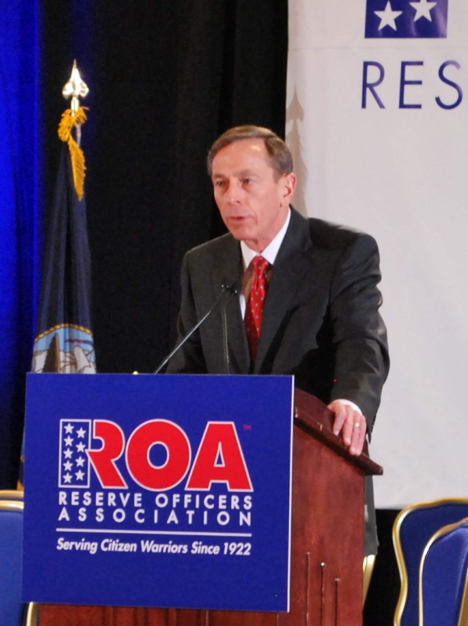Gen. David H. Petraeus, U.S. Army (ret.), director of the CIA, was recognized by the Reserve Officer Association and inducted into the ROA Minuteman Hall of Fame, at the 2012 National Security Symposium, in Washington, D.C., on Jan. 30. Petraeus told the more than 400 attendees that today’s Reserve component is not only a strategic reserve but a key part of daily operations and a vital part of future DOD strategy. Petraeus is the former commander of U.S. Central Command and led both surge operations in Iraq and Afghanistan. (U.S. Air Force photo/Col. Bob Thompson)