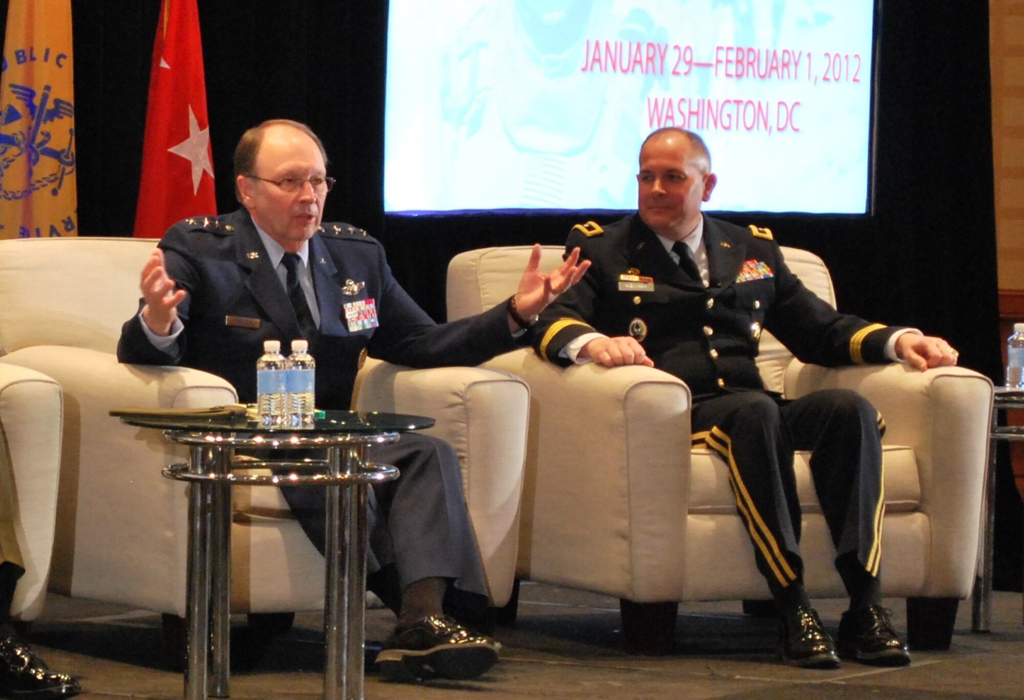 Chief of the Air Force Reserve Lt. Gen. Charles E. Stenner Jr. addresses a question from the crowd during the Reserve Chiefs panel discussion at the Reserve Officer Association National Security Symposium as Maj. Gen. Timothy J. Kadavy, deputy director, Army National Guard, looks on. Stenner said rebalancing the active and Reserve Components may adjust both to lower levels; however, he anticipates future growth as new mission areas develop. The seminar was attended by more than 400 at the Wardman Marriott Park Hotel in Washington, D.C., Jan. 30 through Feb. 1. The four-day event featured U.S. military Reserve Component leaders from all services and discussions of DOD strategy and Reserve roles in today’s fiscally-austere environment. (U.S. Air Force photo/Col. Bob Thompson)