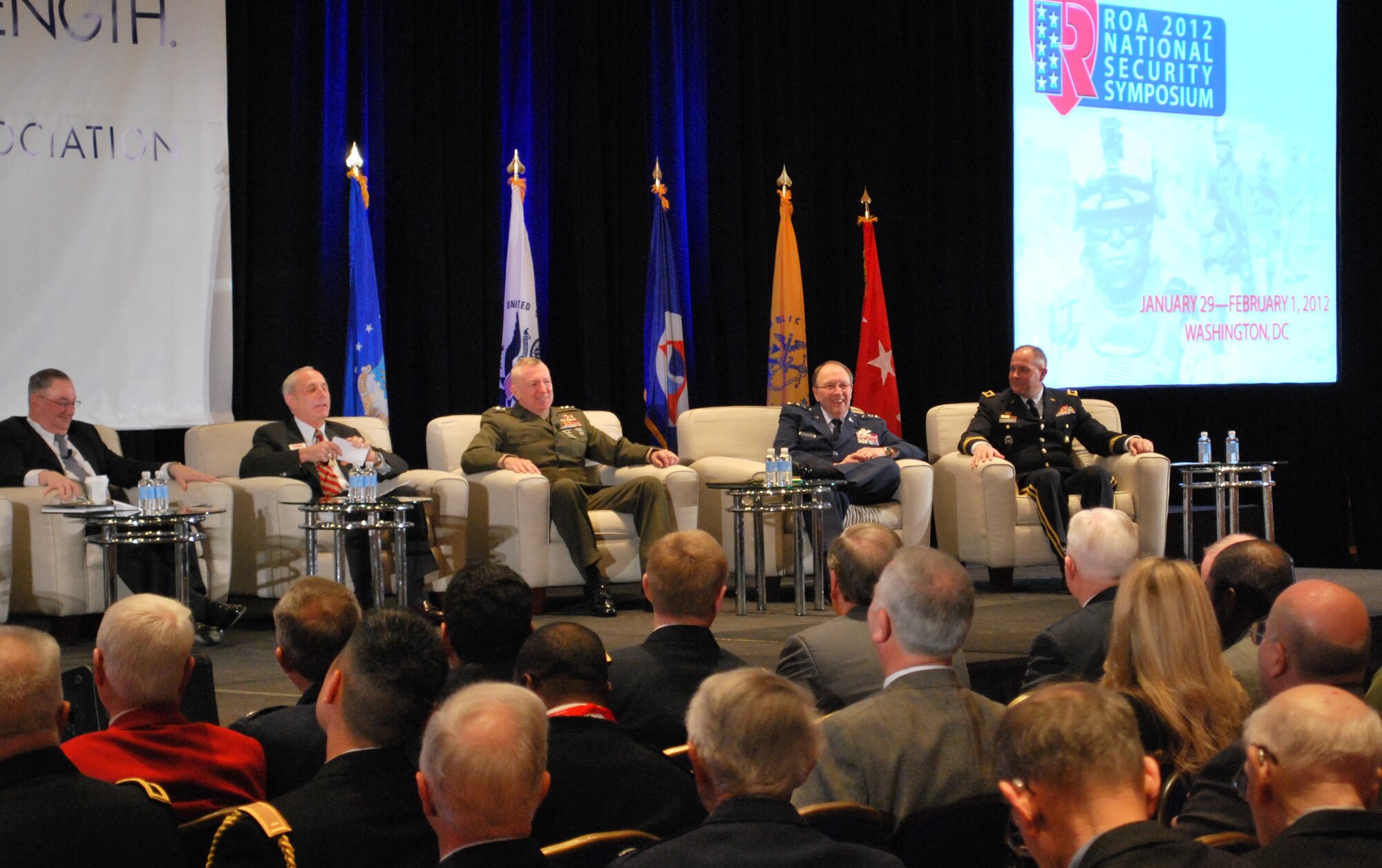 During the Reserve Officer Association 2012 National Security Symposium, the seven Reserve and Guard chiefs of the Army, Navy, Marine, Air Force and Coast Guard addressed the future of the Reserve components, strategy and budget plans. From the left: Maj. Gen. Arnold L. Punero, U.S. Marine Corps, (ret.), chairman of the Reserve Forces Policy Board and Maj. Gen. Andrew B. Davis, U.S. Marine Corps, (ret.), executive director of the Reserve Officers Association, moderated the panel discussion as Lt. Gen. Steven A. Hummer, commander, Marine Forces Reserve; Lt. Gen. Charles E. Stenner Jr., chief of the Air Force Reserve; and Maj. Gen. Timothy J. Kadavy, deputy director, Army National Guard, enjoy a light moment with the audience. More than 400 attended the four-day event at the Wardman Marriott Park Hotel in Washington, D.C., Jan. 29 through Feb 1. (U.S. Air Force photo/Col. Bob Thompson)