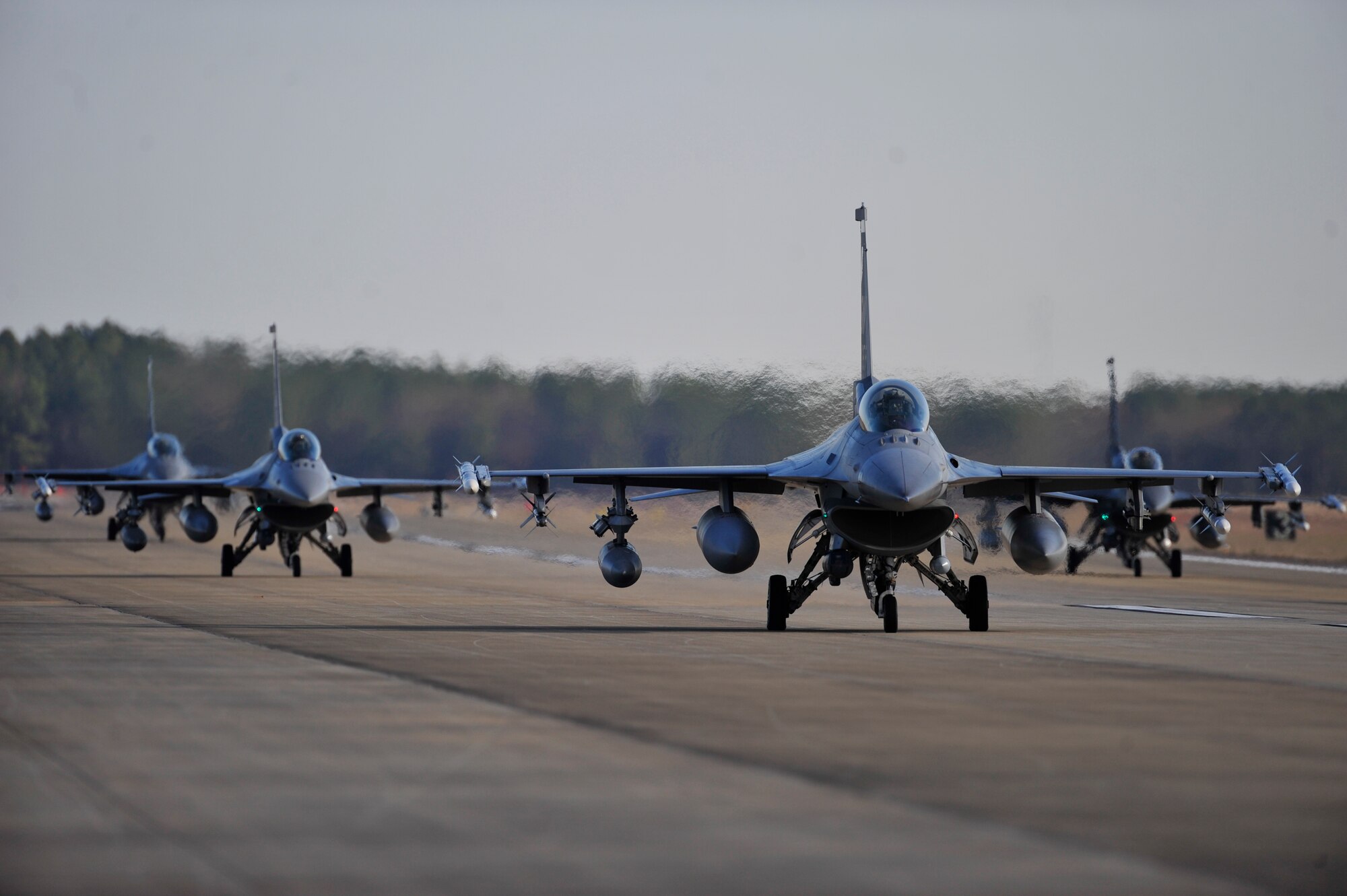 SHAW AFB - F-16's from the 77th Fighter Squadron move into an Elephant Walk formation during an Operational Readiness Exercise at Shaw AFB, SC on Jan. 31, 2012.    (U.S.  Air Force photo/Master Sgt. Cohen A. Young)