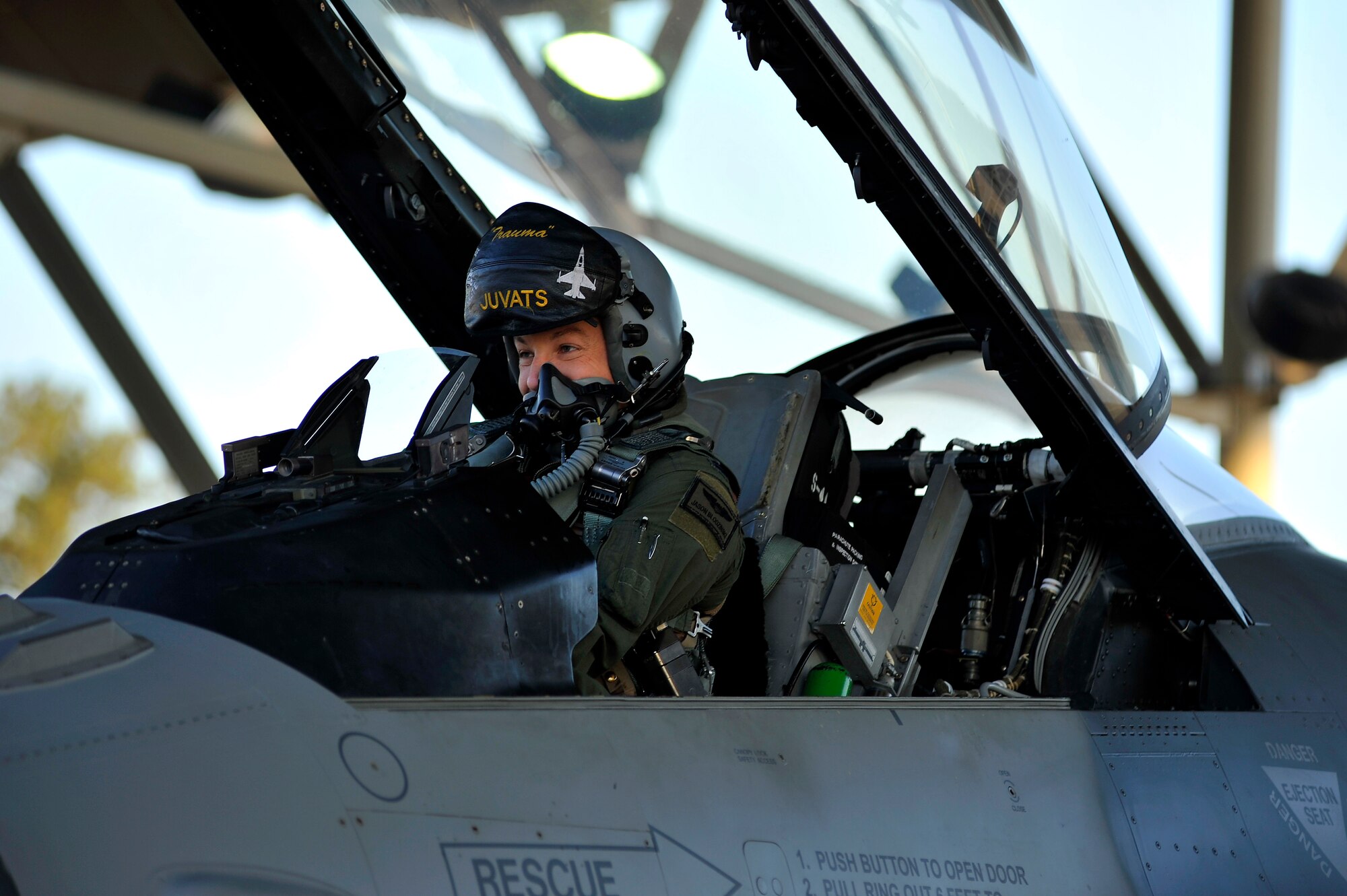 U.S. Air Force Capt. Jason Blodzinski, 77th Fighter Squadron F-16 Fighting Falcon pilot, gets situated in his cockpit before closing the canopy during an Operational Readiness Exercise, Jan. 31, 2012, Shaw Air Force Base, S.C. The ORE evaluated the 20th Fighter Wing's ability to meet wartime and contingency tasks. During this particular exercise, 77th FS personnel prepped and launched several F-16s to challenge and enhance their wartime capabilities. (U.S. Air Force photo by Senior Airman Kenny Holston/Released)

