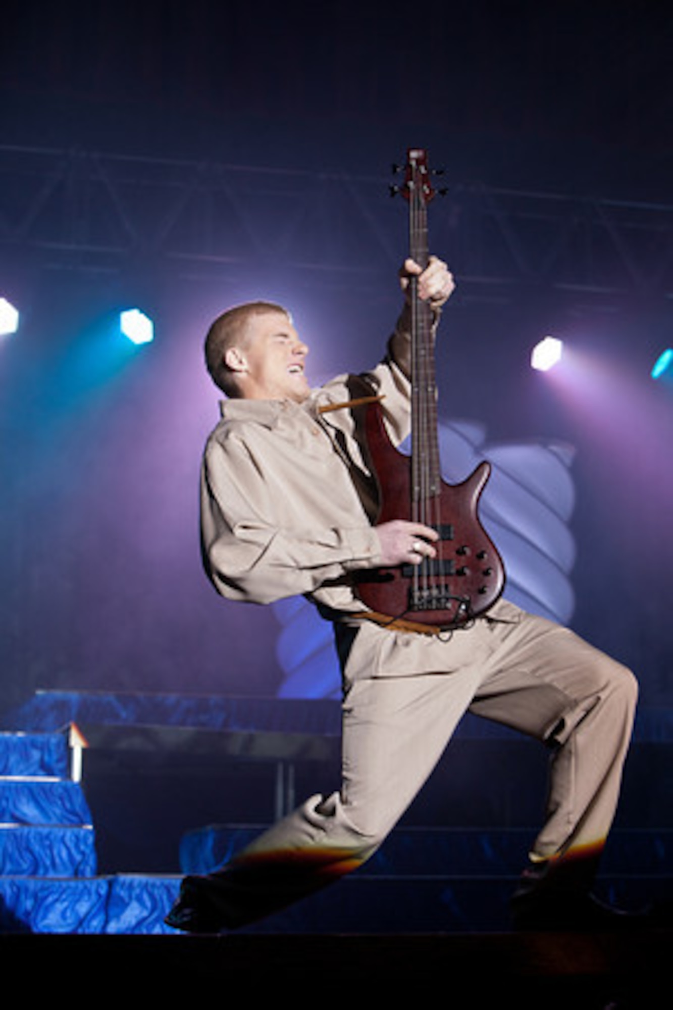 Senior Airman Kyle Willis rocks the bass to "Frankenstein" during his instrumental performance at the 2012 Air Force Worldwide Talent Search at Lackland Air Force Base, Texas, Jan. 15, 2012. Willis, who is from Whiteman Air Force Base, Mo., won first place for instrumentalists during the competition, which took place Jan. 9-16. The annual competition helps select members for the expeditionary entertainment group,Tops in Blue. (U.S. Air Force photo/Chris Burch)