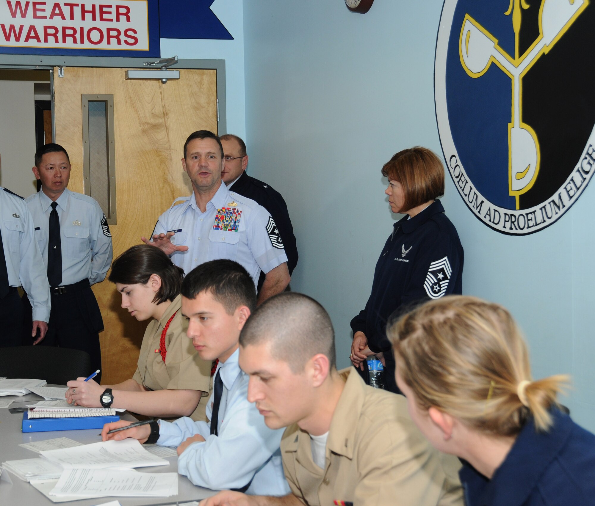 Chief Master Sgt. Oscar “Deno” Mackin, 2nd Air Force command chief, provides a few encouraging words to students in the weather integration training and resources operation course at the Weather Training facility, Keesler Air Force Base, Jan. 30, 2012. Keesler is home to 2nd Air Force headquarters and the first of six bases the new command chief is scheduled to tour through June.  (U.S. Air Force photo by Kemberly Groue)