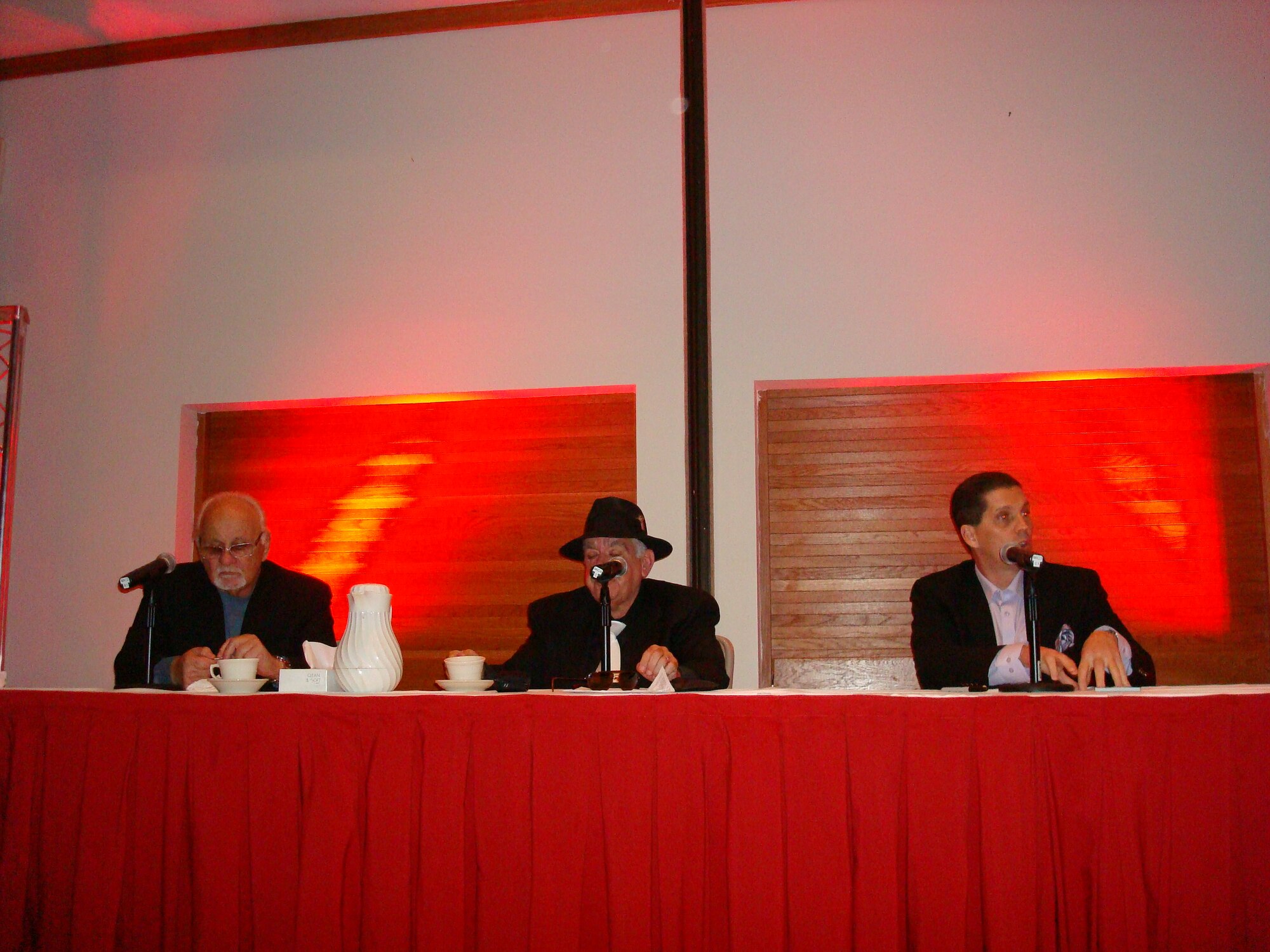 From left, Frank Cullotta, Dennis Griffin and Andrew DiDonata, guest speakers at "Dinner with the Mafia," entertained the event attendees Jan. 27, 2012, at The Club on Nellis Air Force Base, Nev.  The gentlemen recounted their stories of mafia life and how their experiences and knowledge compare with the glamorized version of the mafia portrayed by Hollywood. (Courtesy photo)