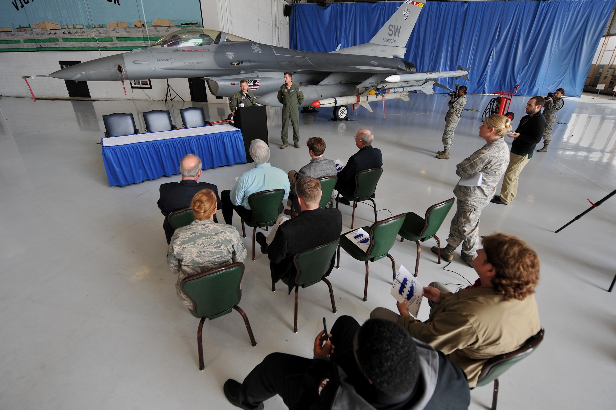 U.S. Air Force Lt. Col. Scott Walker, Shaw Air Expo director, speaks to local media agencies and Sumter officials during a press conference, Jan. 26, 2012, Shaw Air Force Base, S.C. Local media were able to ask questions about the upcoming Shaw Air Expo, take photos and interview personnel. The Shaw Air Expo is scheduled for May 5-6, 2012. (U.S. Air Force photo by Senior Airman Kenny Holston/Released)