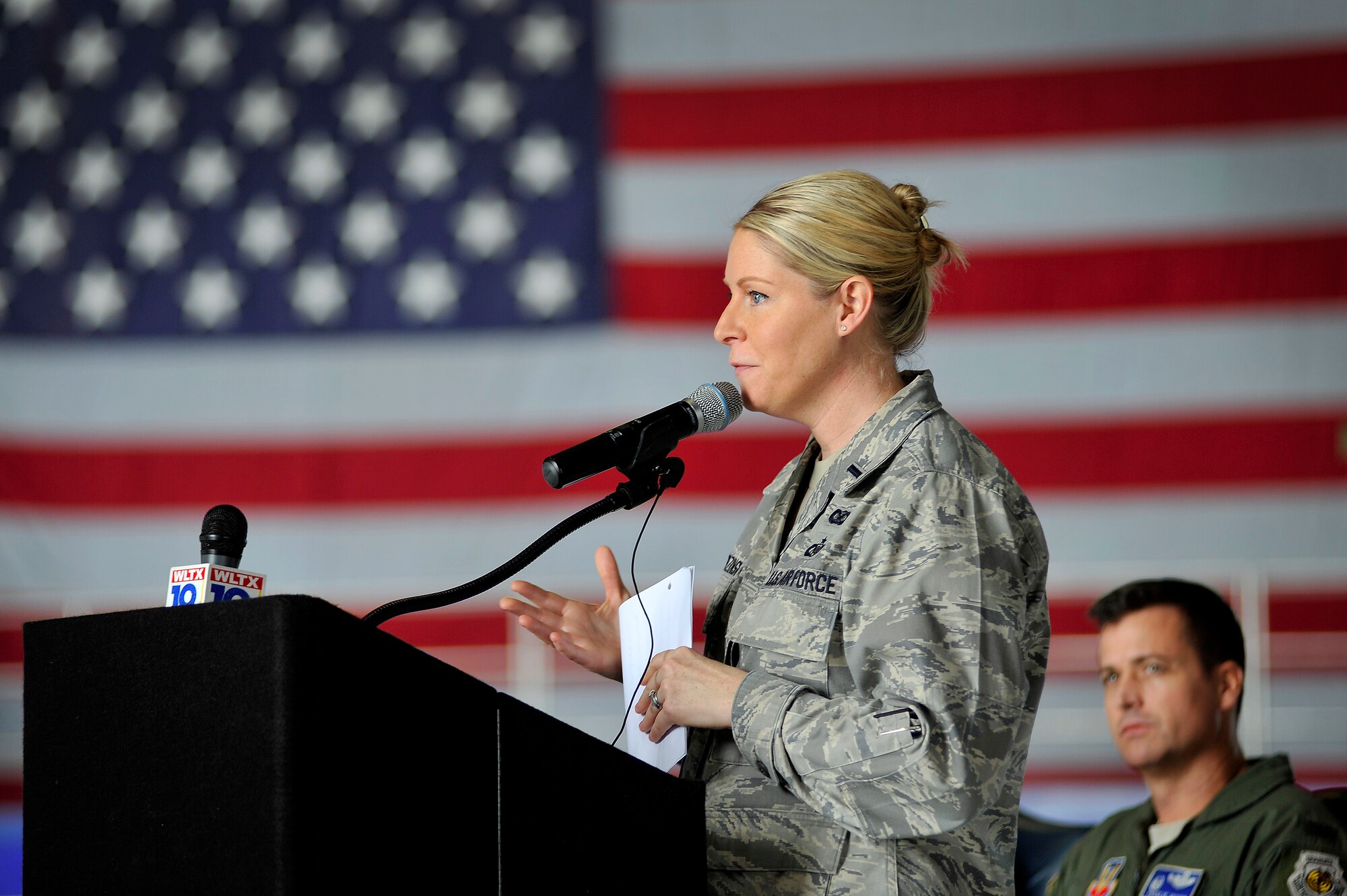 U.S. Air Force 1st Lt. Ann Blodzinski, 20th Fighter Wing Public Affairs, officer in charge, speaks to local media agencies and Sumter County officials about the upcoming Shaw Air Expo during a press conference, Jan. 26, 2012, Shaw Air Force Base, S.C. 20th FW/PA personnel coordinated the conference and provided internal media coverage of the event. Local media who attended were able to ask questions about the upcoming Shaw Air Expo take photos and interview the 20th Fighter Wing commander as well as other air expo coordinators. The Shaw Air Expo is scheduled for May 5-6, 2012. (U.S. Air Force photo by Senior Airman Kenny Holston/Released)