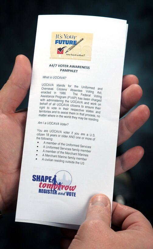 What began as a voting training pamphlet at the Air Force Intelligence, Surveillance and Reconnaissance Agency is now available throughout the DoD via an internal web site. The brochure condensed a myriad of voting information into a handy, easy-to-read tri-fold format. (Photo by William Belcher)    