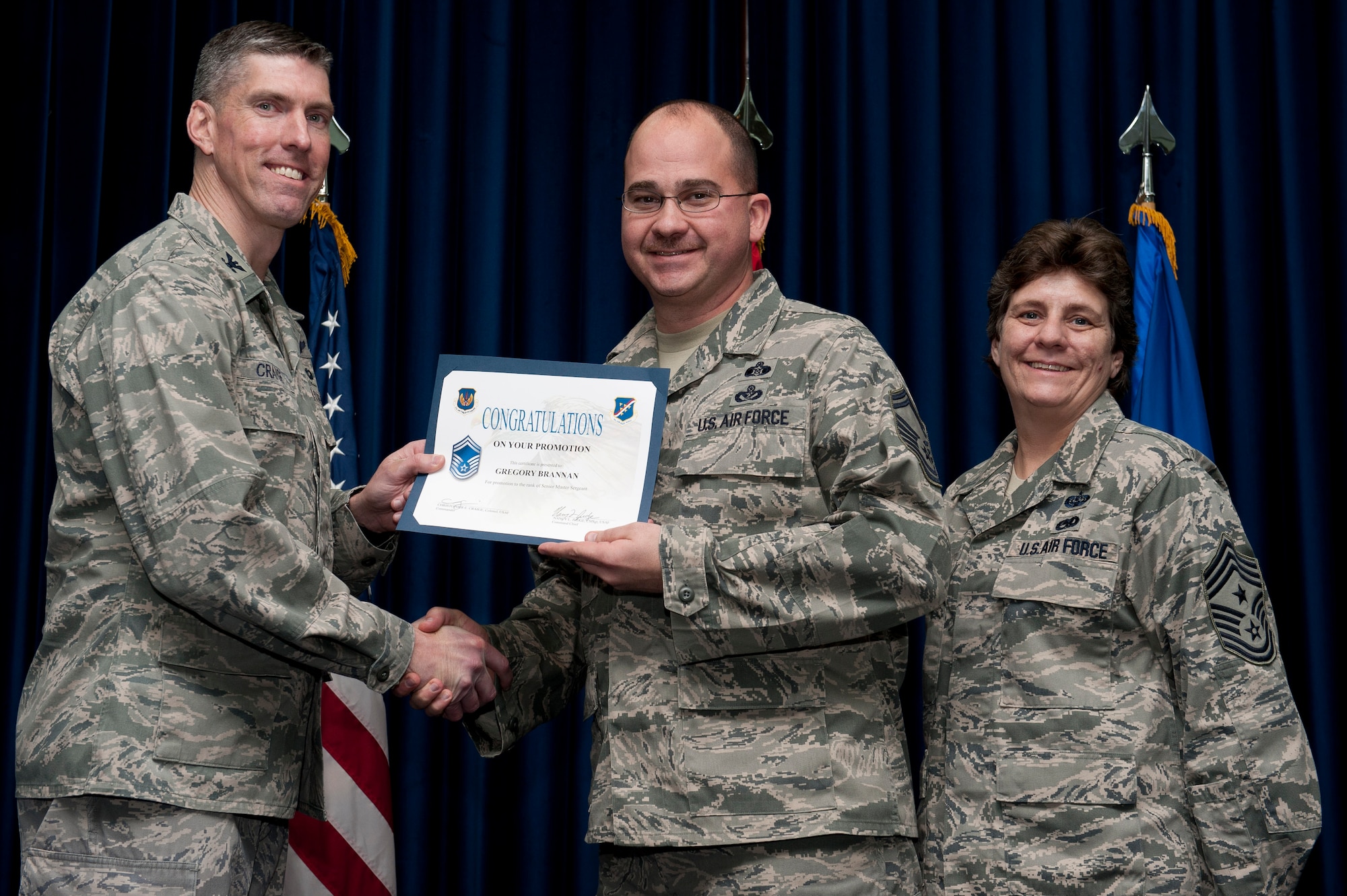 Gregory Brannan, 39th Civil Engineer Squadron, is promoted to the rank of senior master sergeant Jan. 31, 2012, at the Club Complex ballroom at Incirlik Air Base, Turkey. (U.S. Air Force photo by Tech. Sgt. Michael B. Keller/Released)
