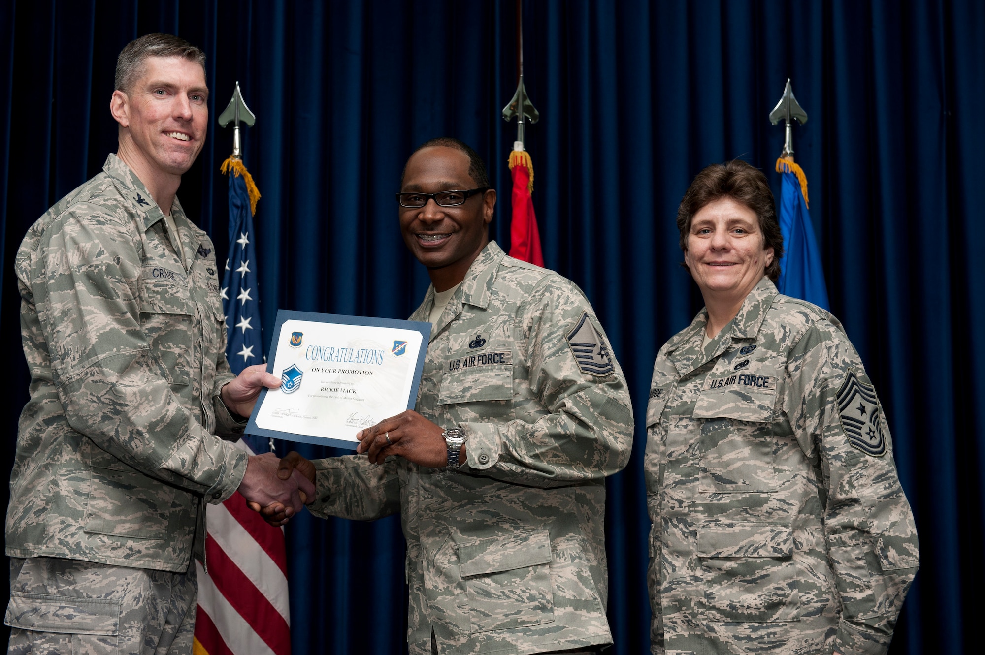 Rickie Mack, 39th Logistics Readiness Squadron, is promoted to the rank of master sergeant Jan. 31, 2012, at the Club Complex ballroom at Incirlik Air Base, Turkey. (U.S. Air Force photo by Tech. Sgt. Michael B. Keller/Released)