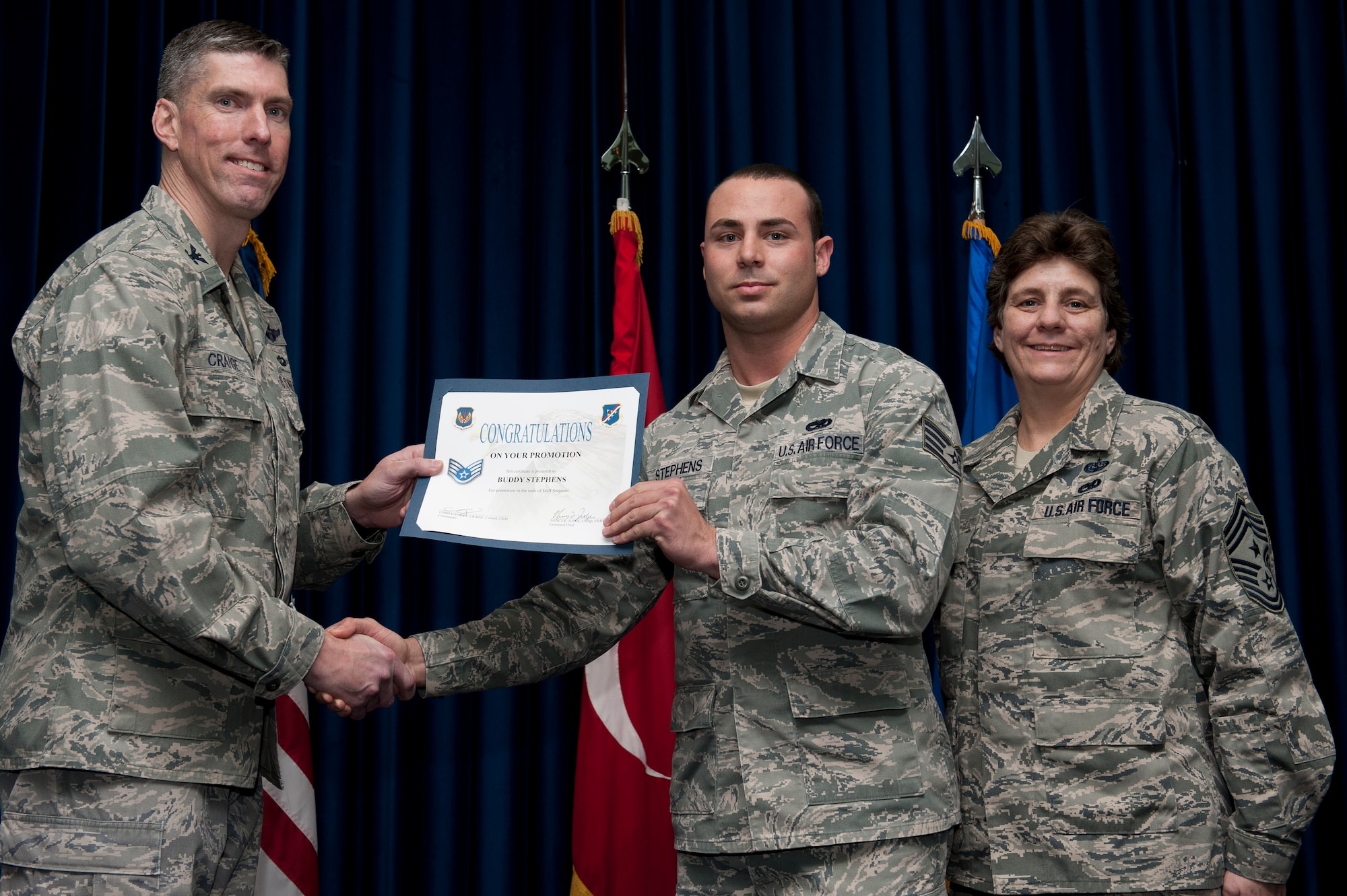 Buddy Stephens, 39th Maintenance Squadron, is promoted to the rank of staff sergeant Jan. 31, 2012, at the Club Complex ballroom at Incirlik Air Base, Turkey. (U.S. Air Force photo by Tech. Sgt. Michael B. Keller/Released)