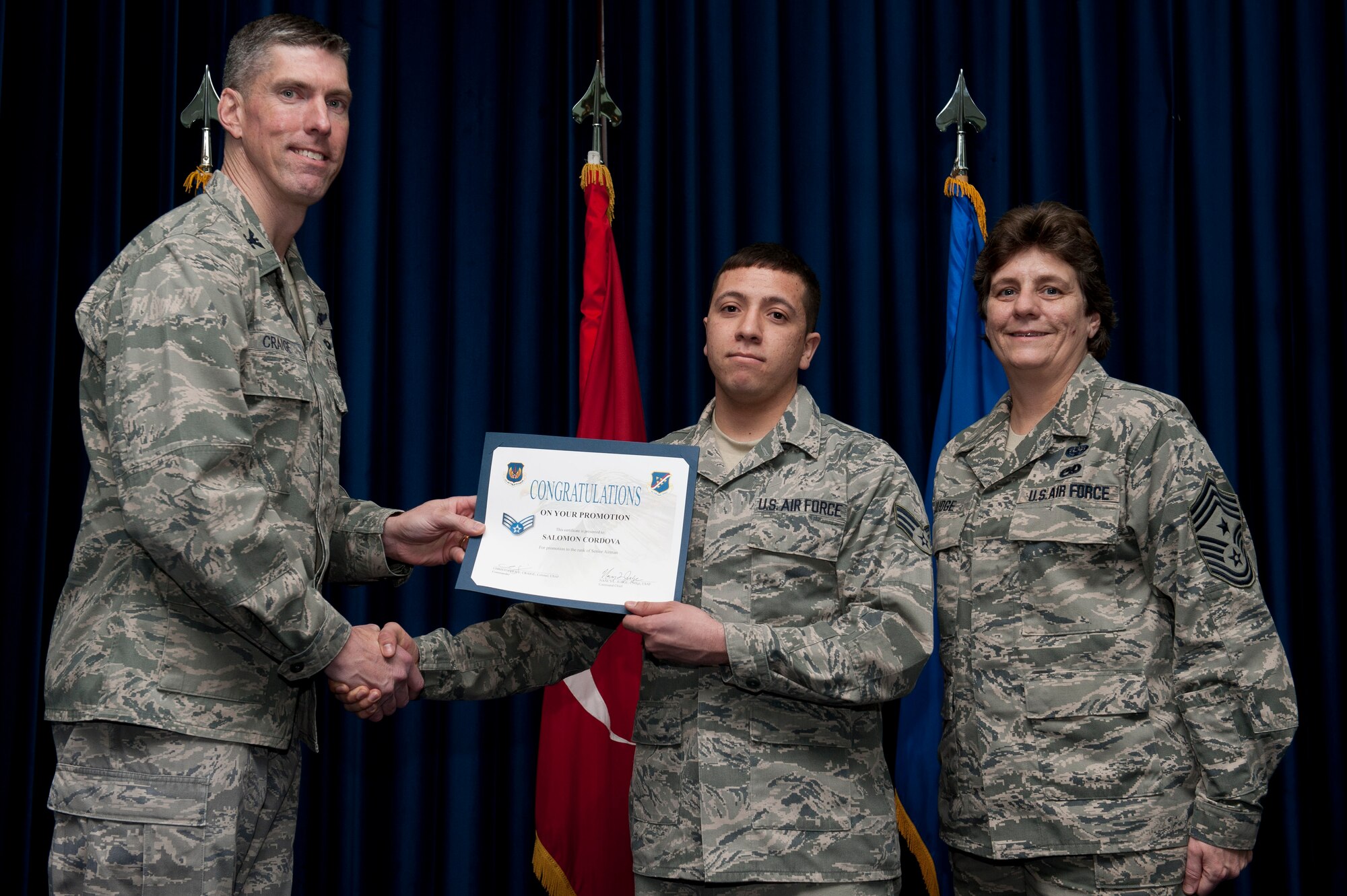 Salomon Cordova, 728th Air Mobility Squadron, is promoted to the rank of senior airman Jan. 31, 2012, at the Club Complex ballroom at Incirlik Air Base, Turkey. (U.S. Air Force photo by Tech. Sgt. Michael B. Keller/Released)