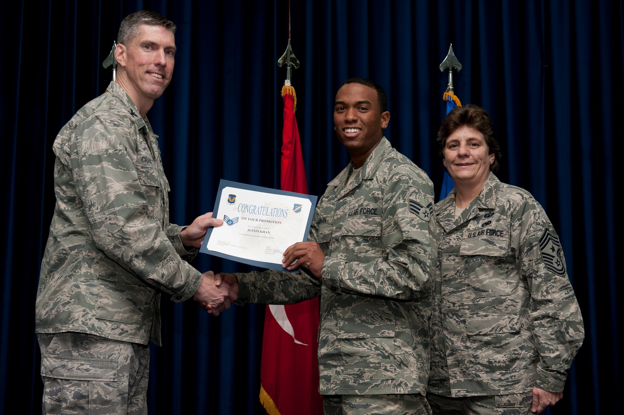 Justin Khan, 39th Logistics Readiness Squadron, is promoted to the rank of senior airman Jan. 31, 2012, at the Club Complex ballroom at Incirlik Air Base, Turkey. (U.S. Air Force photo by Tech. Sgt. Michael B. Keller/Released)