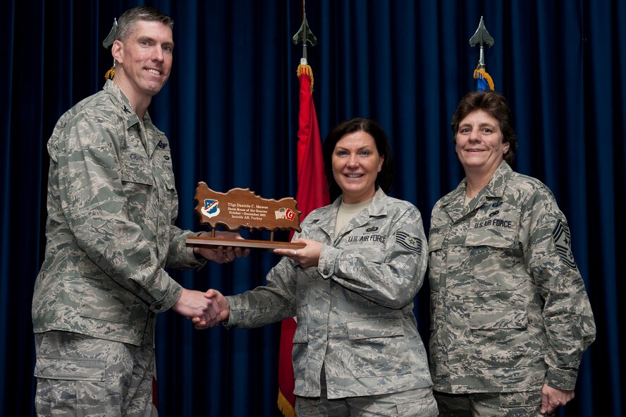 Tech. Sgt. Daniela Mewes, 39th Comptroller Squadron, receives the Dormitory Room of the Quarter Award Jan. 31, 2012, 2011, at the Club Complex ballroom at Incirlik Air Base, Turkey. (U.S. Air Force photo by Tech. Sgt. Michael B. Keller/Released)