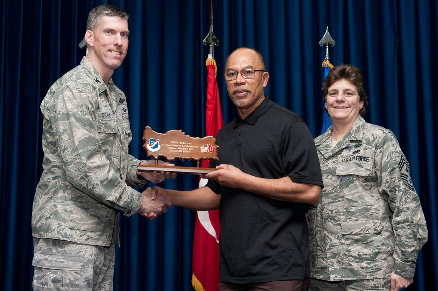 Willie Anderson, 39th Contracting Squadron, receives the wing-level Civilian Category Two of the Quarter Award Jan. 31, 2012, at the Club Complex ballroom at Incirlik Air Base, Turkey. (U.S. Air Force photo by Tech. Sgt. Michael B. Keller/Released)