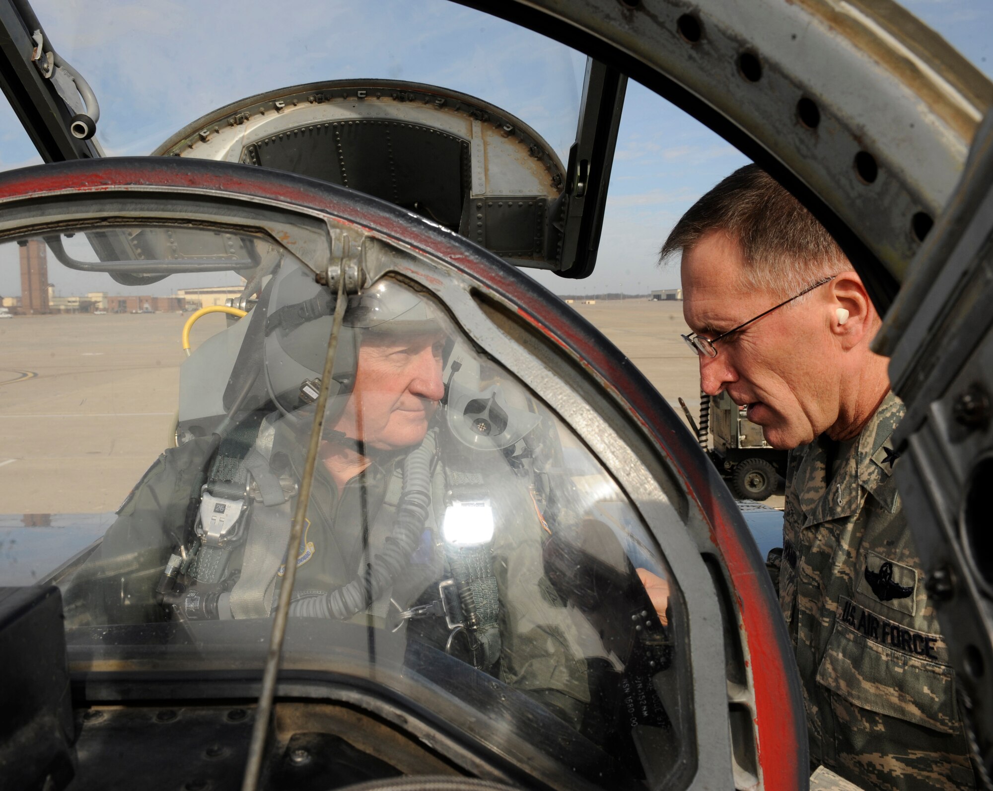 WHITEMAN AIR FORCE BASE, Mo. --  Brig. Gen. Scott Vander Hamm, 509th Bomb Wing commander, wishes Joe Scallorns, Air Force Global Strike Command Civic Leader Program and board member of Whiteman Air Force Base's Base Community Council, a safe trip before Scallorns takes off in a T-38 for his incentive flight here Jan. 26.  The purpose of the incentive flight was to give him a better understanding of the Air Force Global Strike operations and a better understanding and appreciation for the quality Airmen and civilians who protect the nation every day. (U.S. Air Force photo by Staff Sgt. Alexandra M. Boutte) (RELEASED)