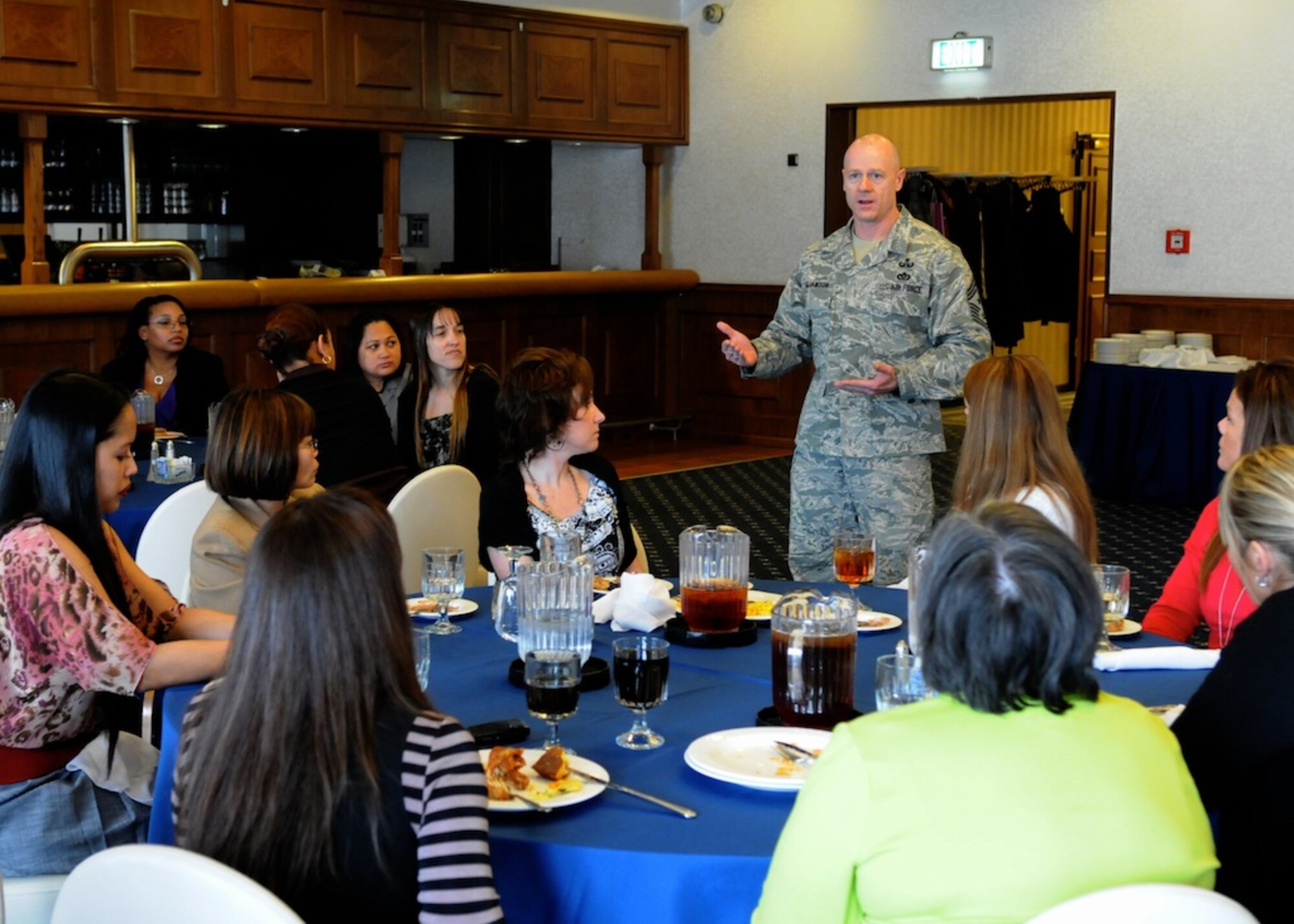 United States Air Forces in Europe Command Chief Master Sgt. David Williamson welcomes spouses of senior enlisted leaders at the beginning of the newcomer’s spouse orientation January 24, 2012. Spouses are brought in from all over USAFE to learn how organizations in the command operate at the major command and base level. Spouses take what they have learned from the course to teach other spouses of military members. (Courtesy photo by Robert Medeiros)