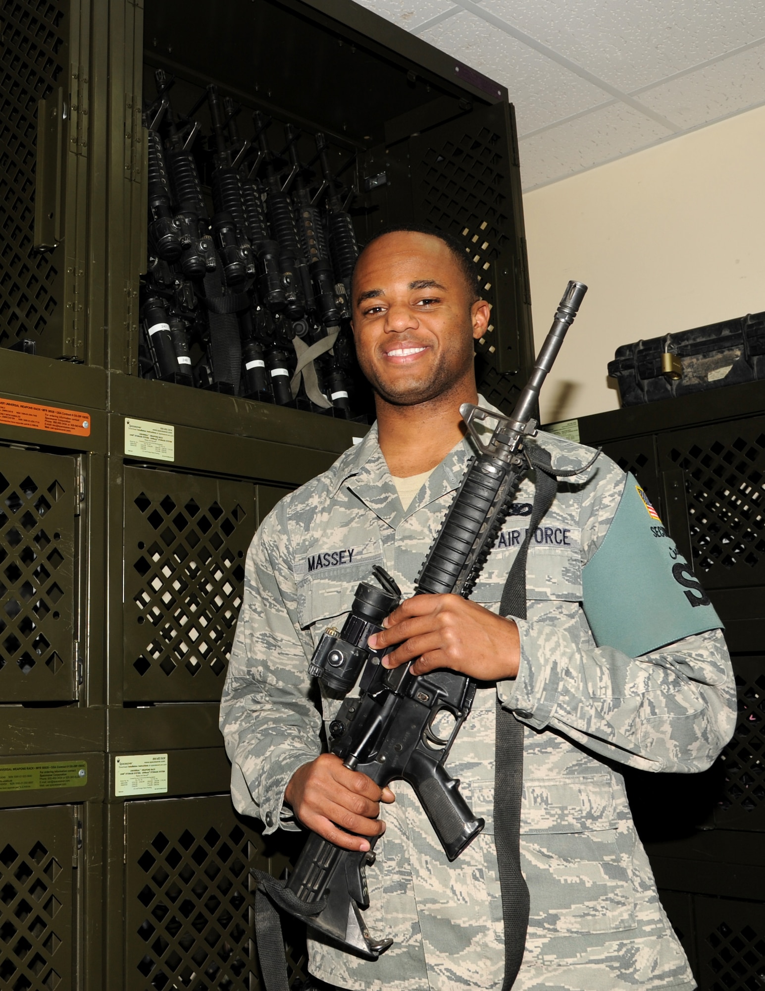 SOUTHWEST ASIA - Senior Airman Walter Massey was named the winner of the the basewide talent competition at the 380th Air Expeditionary Wing Jan. 28 2012. Massey, a security forces specialist, separates from the Air Force this summer to pursue a career in music. He is deployed from Tinker Air Force Base, Okla. (U.S. Air Force photo/Tech. Sgt. Arian Nead) 