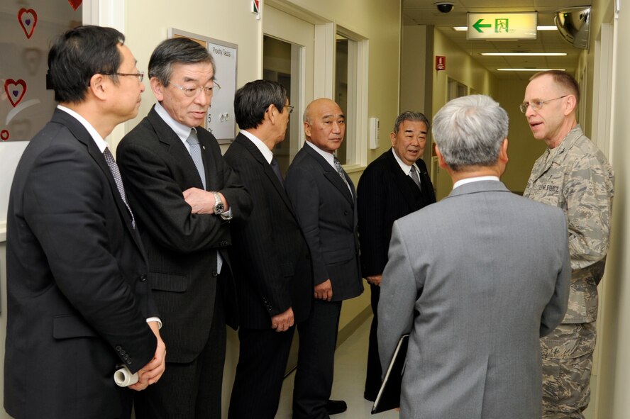 Col. Jeffrey Staples, 35th Dental Squadron commander, briefs local off-base mayors on daily operations at Misawa Air Base, Japan, Jan. 30, 2012. The liaison committee, which consists of nine mayors from Misawa City and its surrounding communities, visited the 35th Fighter Wing after their annual meeting. (U.S. Air Force photo/Tech. Sgt. Marie Brown) 
