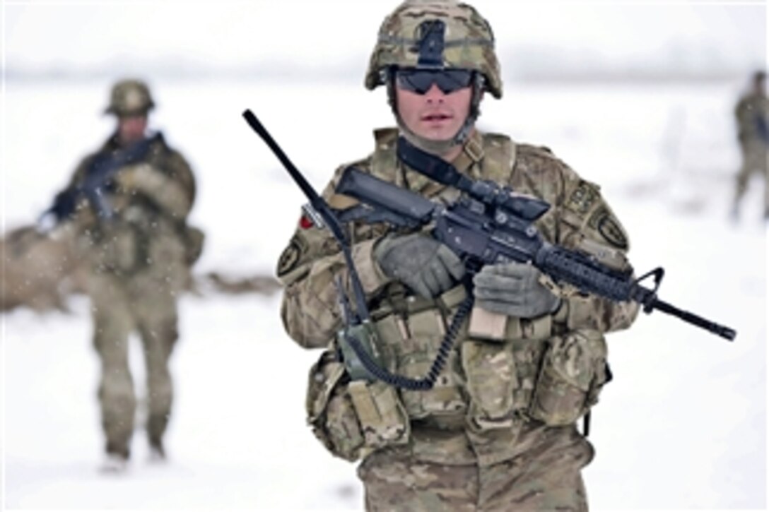 U.S. Army Spc. Robert Irwin conducts a security patrol in Afghanistan's Paktya province on Jan. 30, 2012.  Irwin is an infantryman assigned to Dog Company, Task Force Gold Geronimo, part of Spartan Brigade.  